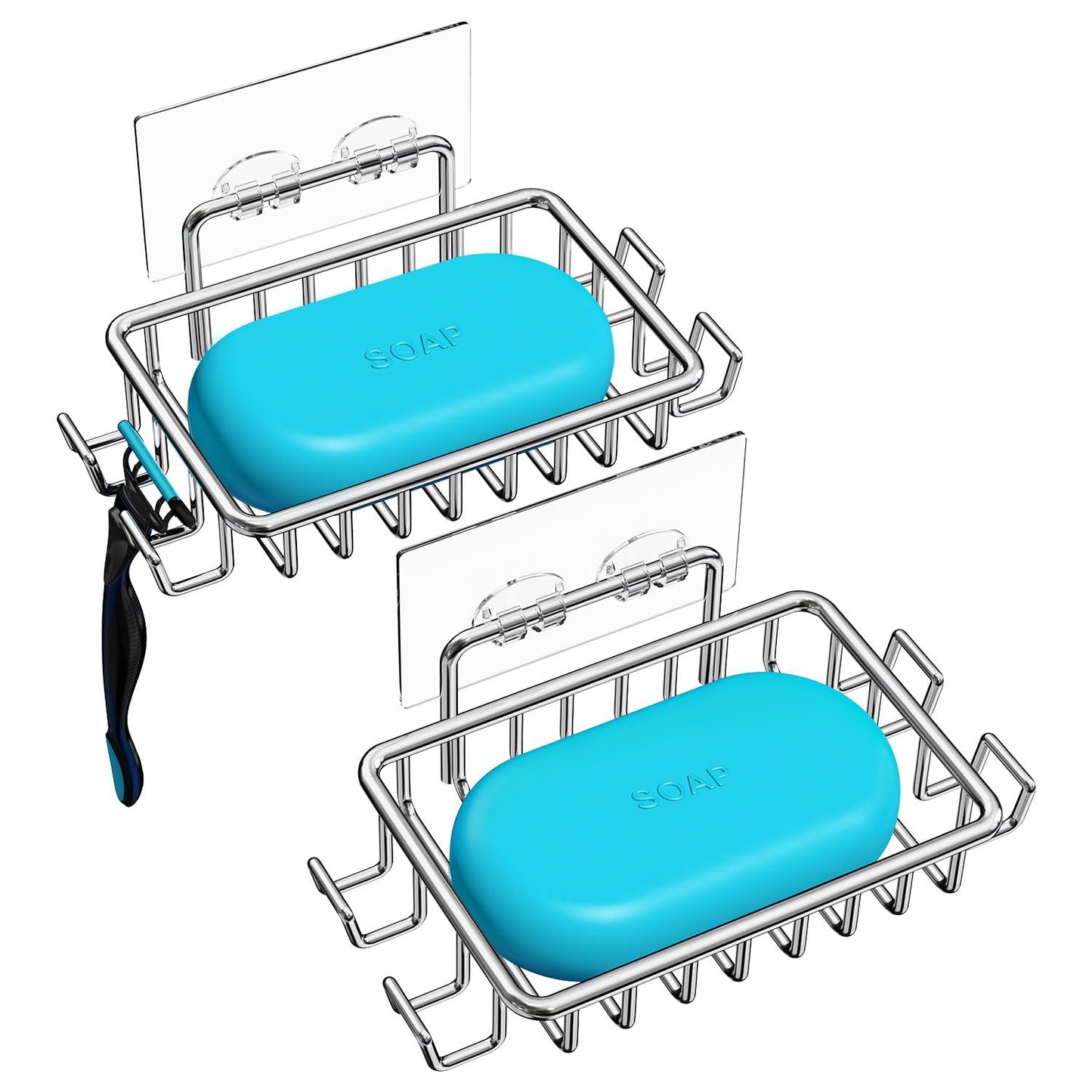 Nieifi Soap Dish,Bar Soap Holder for Shower Wall with 4 Hooks Stainless Steel Adhesive Soap Dish for Bathroom Shower Razor Holder (Silver)