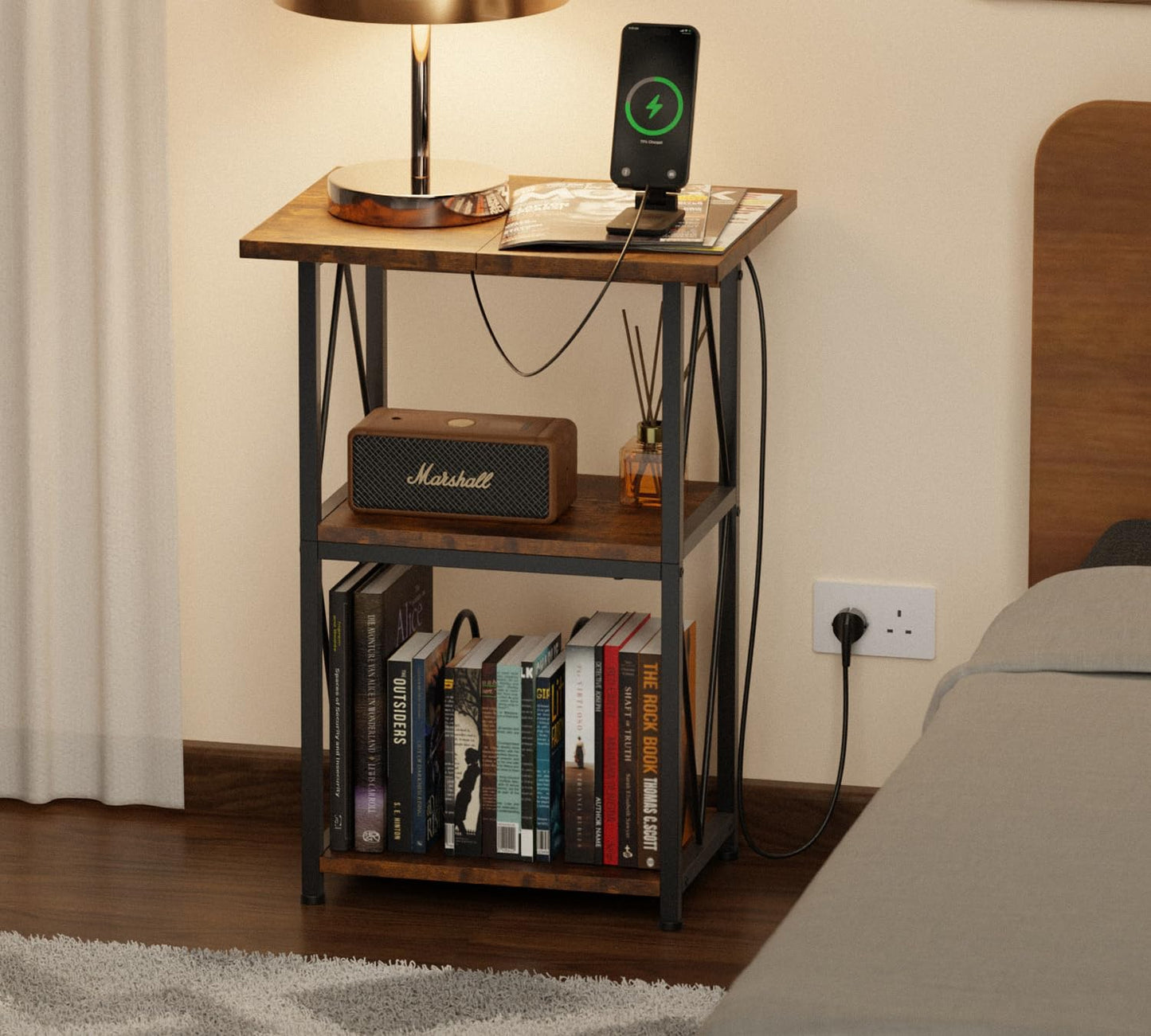 HFHOME 2025 Upgraded Extended Tabletop Record Player Stand with Charging Station, 3 Tier End Table with Vinyl Record Storage