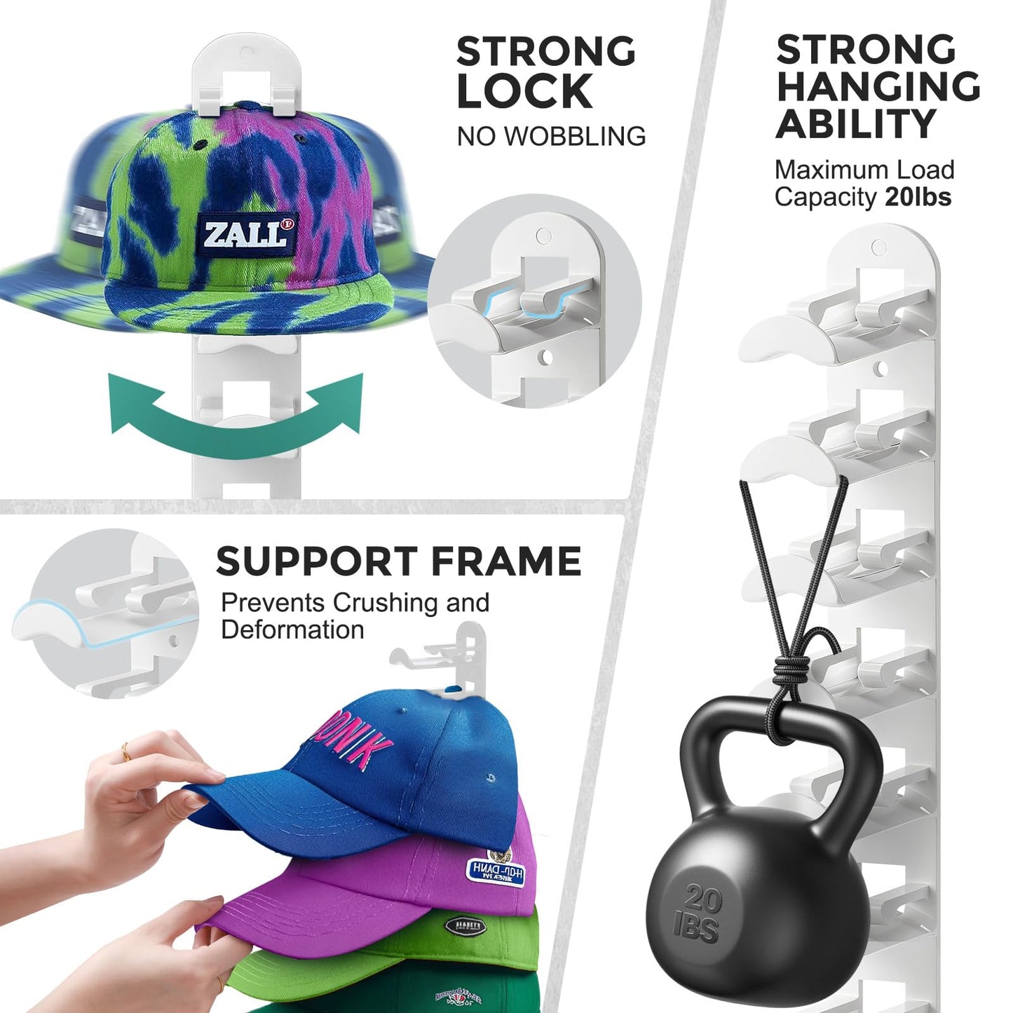 Jcocylse Hat Storage for Wall Mount – Baseball Cap Storage & Cap Holder, Space-Saving Hat Rack with Hooks for Hanging Caps (White)