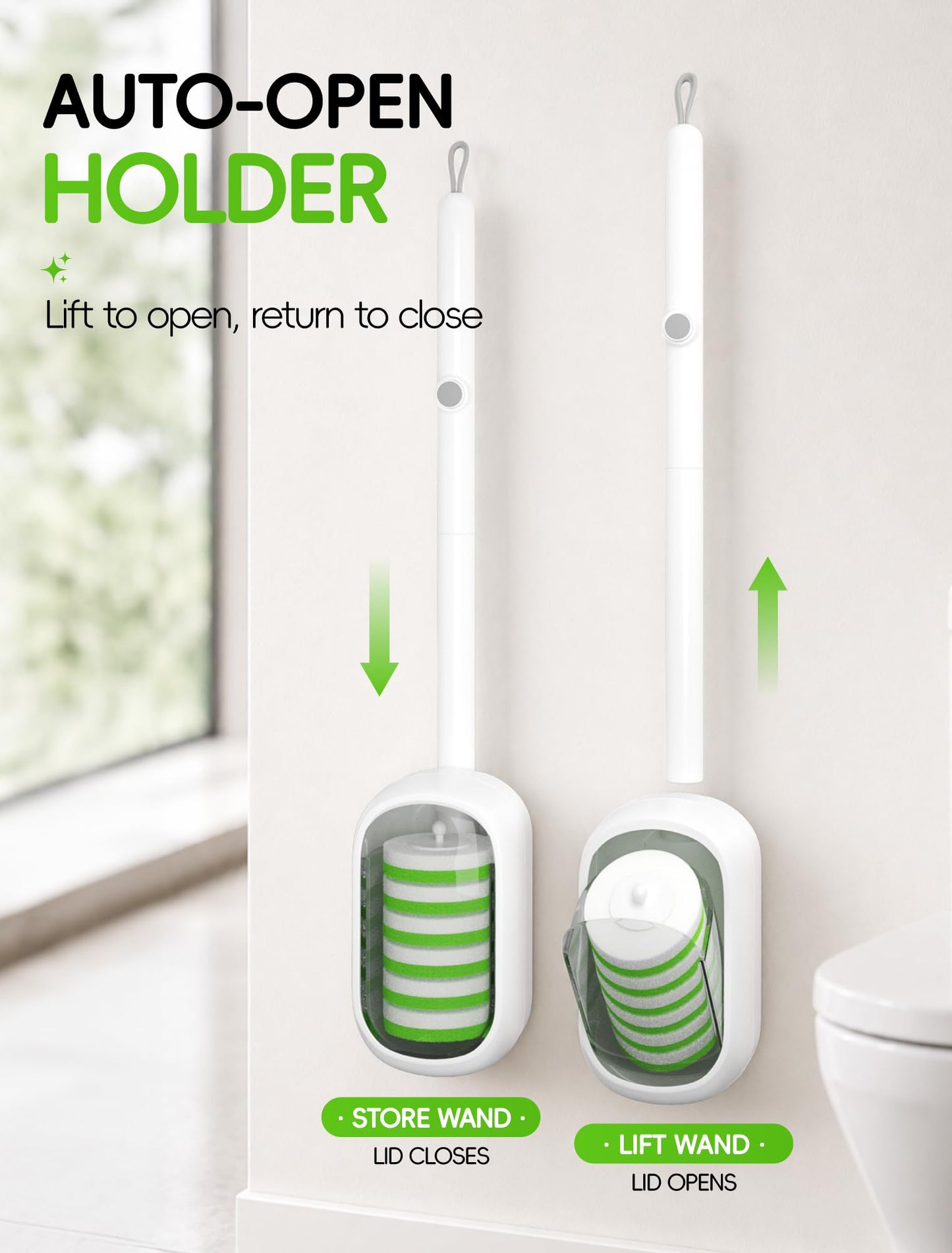 Disposable Toilet Brush Set, Wall-Mounted Toilet Cleaning Wand Kit with 48 Refill Heads, Toilet Bowl Brush and Holder Set, White and Green