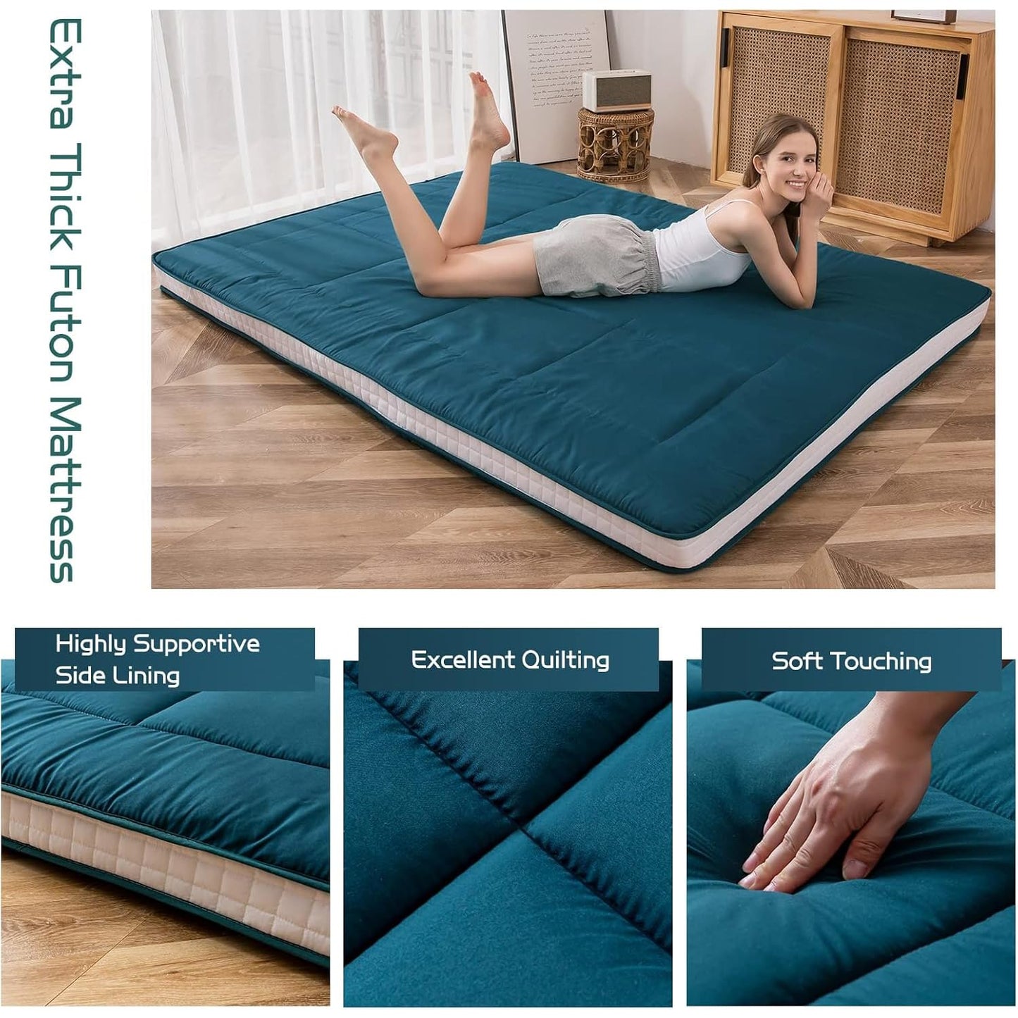 MAXYOYO Japanese Floor Futon Mattress Padded Quilted Bed Mattress Topper, Extra Thick Folding Sleeping Pad Breathable Floor Lounger Guest Bed for