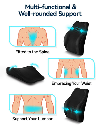 Travel Ease Ergonomic Lumbar Support Cushion, Gel and Memory Foam Back Support Cushion for Office Chairs with Skin-friendly Cover for Comfort Black
