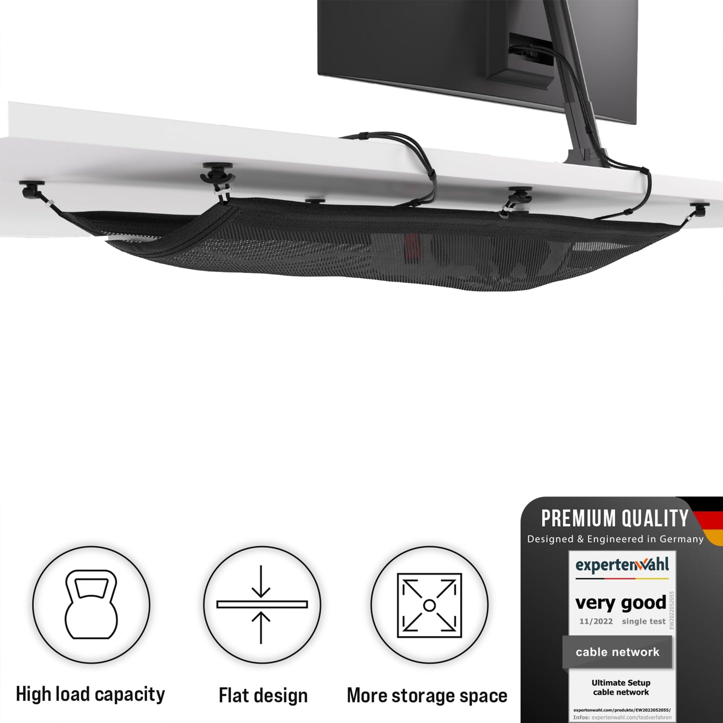 Under desk cable management net – Flexible cable tidy, 10 kg load, Black
