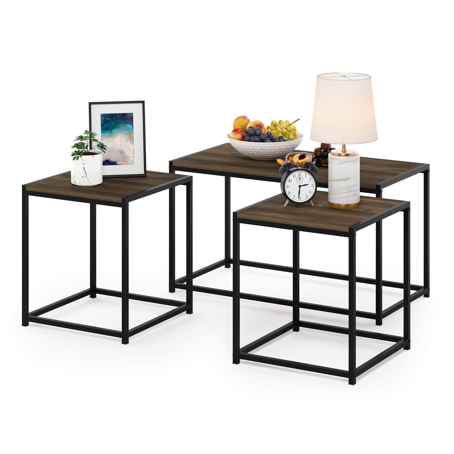 Furinno CAMNUS Coffee Table, Metal Frame Modern Coffee Table and Side Tables Set, Toolless Side Table Sets, for Living Room, Bedroom, Home Office