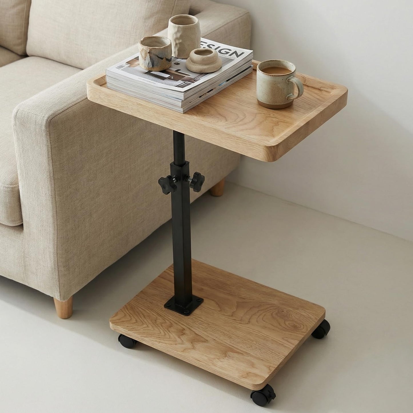 XUDREZ Adjustable Side Table, C Shaped Small Table with 4 Wheels 364° Swivel Tray, End Table for Living Room Bedroom Sofa Small Spaces