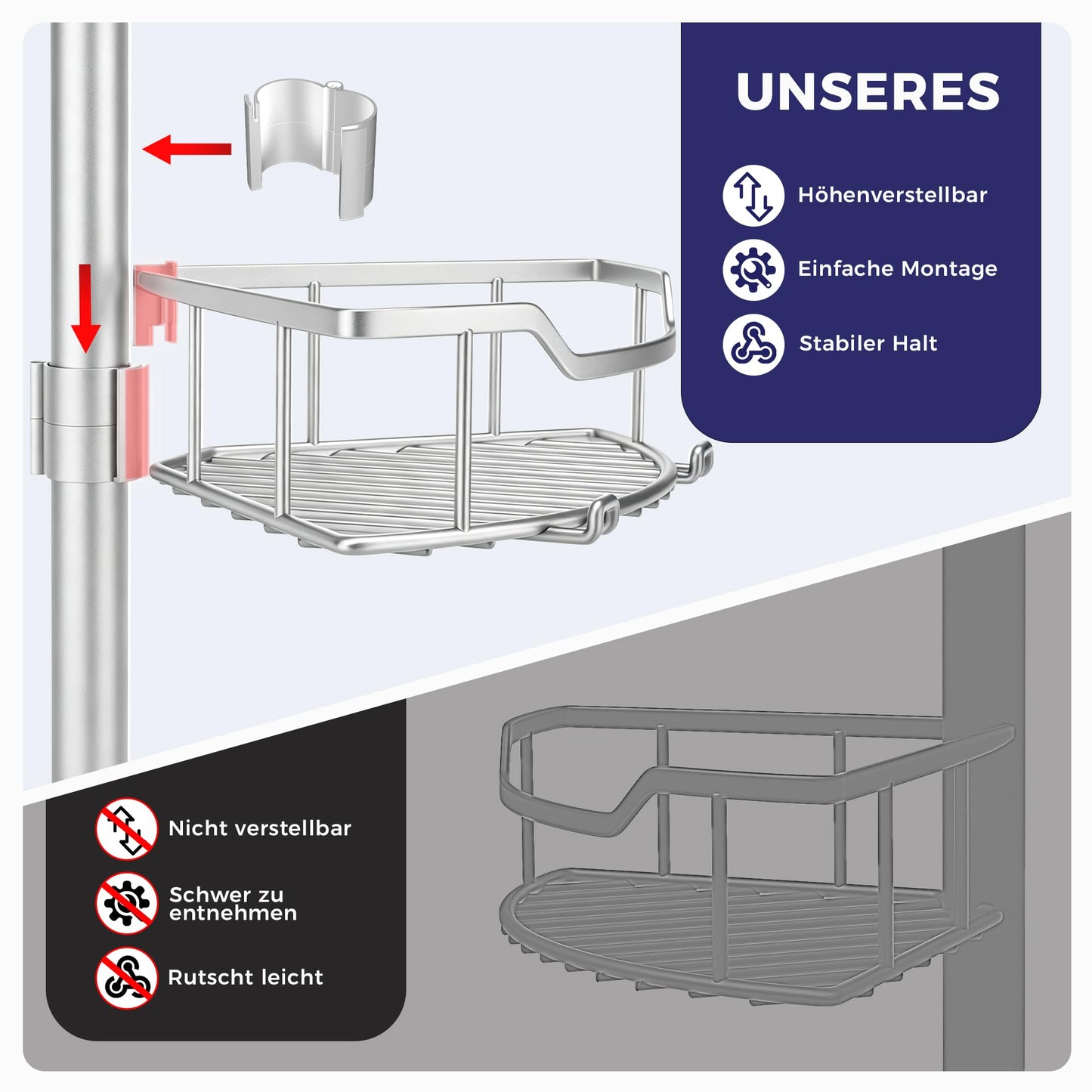 Purejoy Tension Pole Shower Caddy, 4 Tier Silver Corner Shower Caddy with Soap Holder, Hooks & Towel Bar, Adjustable Telescopic Shower Shelves