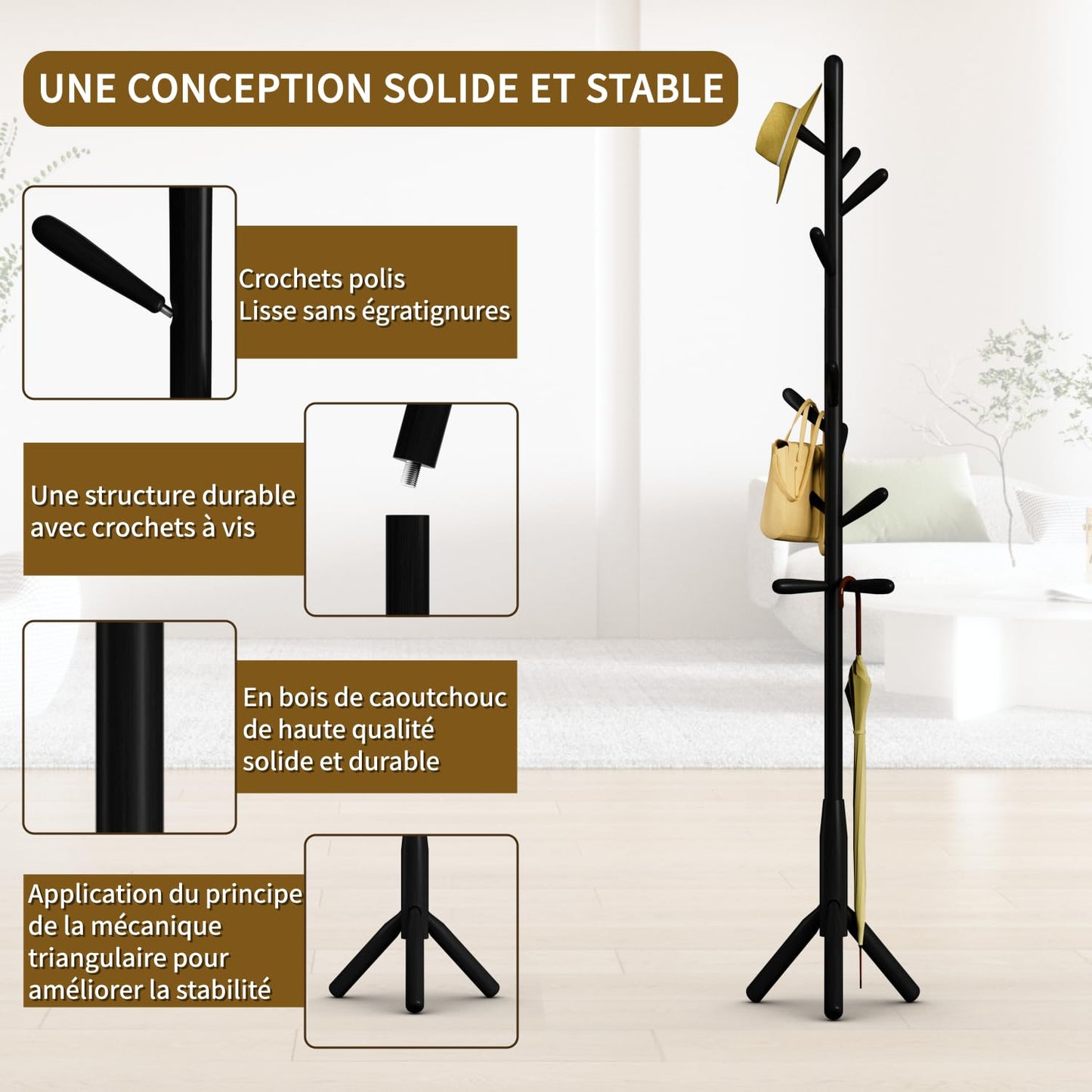 Awatiwa Solid Wood Coat Rack, Freestanding Tree-Shaped Coat Rack with 11 Hooks, Main Pole 1.6" dia for Clothes