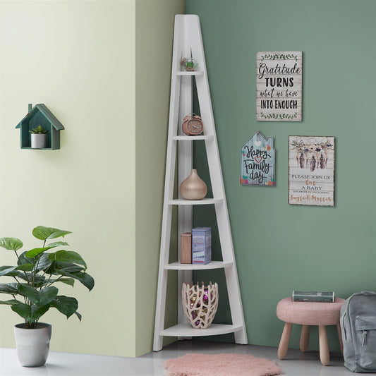 Timber Art Design UK Riva 5 Tier Corner Ladder Retro Open Wall Unit Shelving Scandinavia Contemporary Organiser For Modern Living Room Bedroom Hallway
