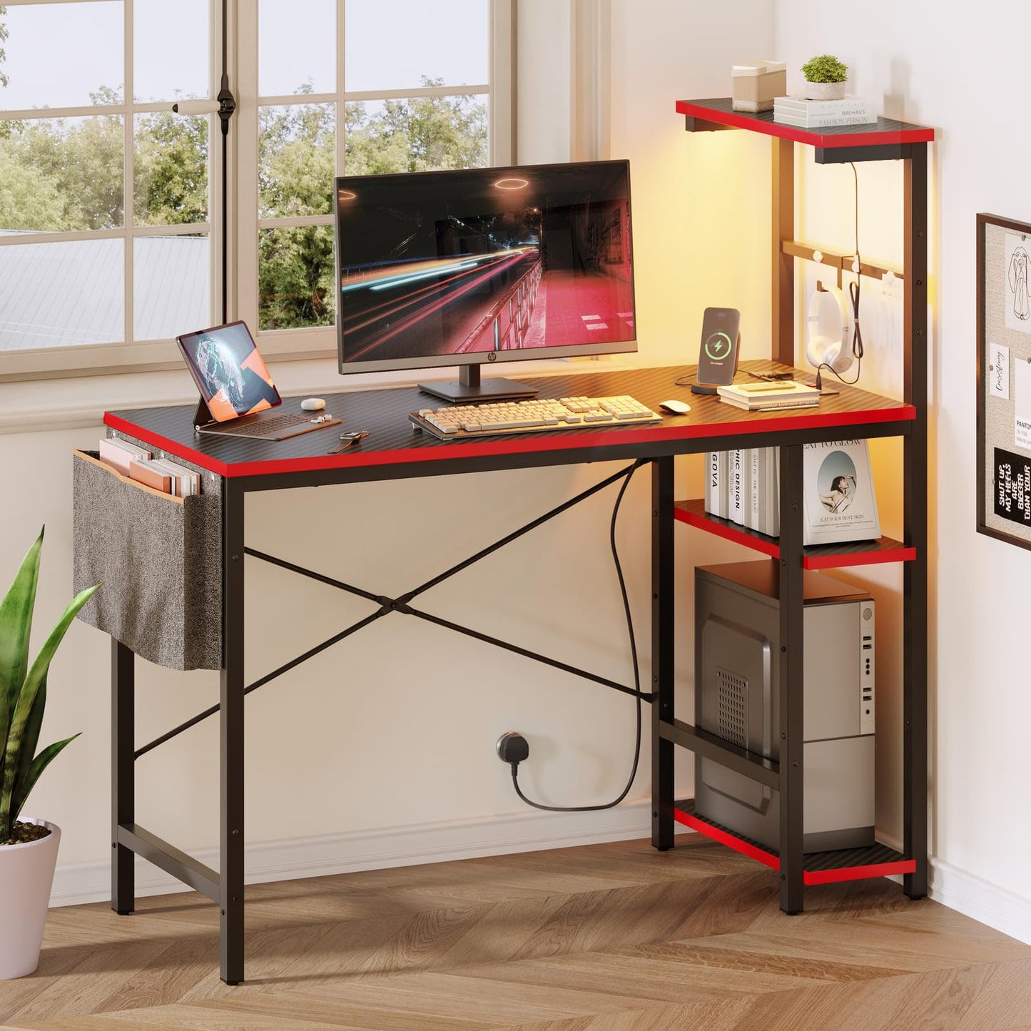 Bestier 113CM Corner Computer Desk with Power Outlets Computer Desk with LED Lights Reversible Writing Table with Side Pocket Storage Bag &