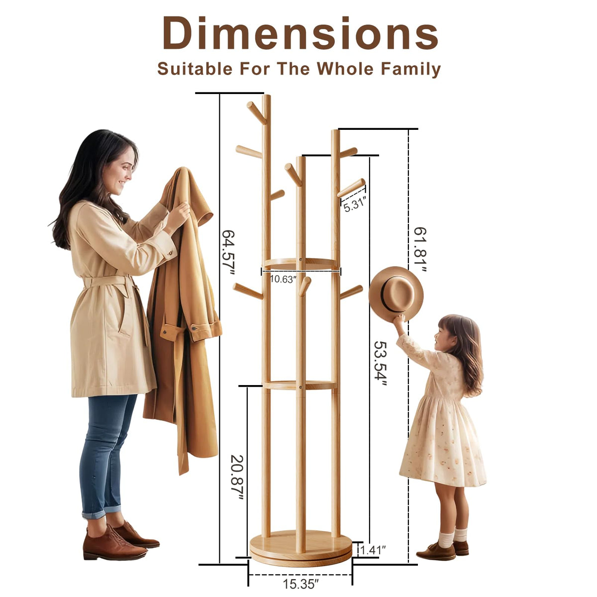 AQIMUELE Coat Stand, Wooden Coat Rack Stand with 3 Storage Shelves and 9 Hooks, Freestanding - Rotatable Coat Hanger Stand