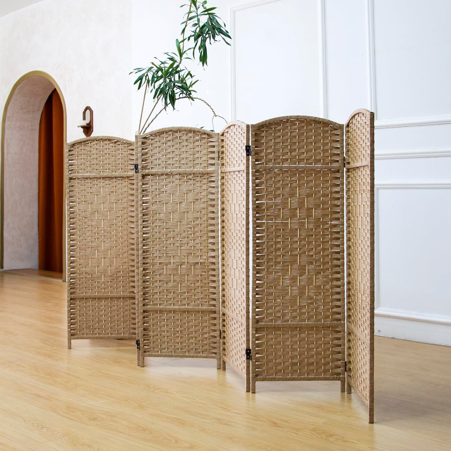 Furnnylane 6 Panel Light Brown Rattan Divider Short Room Partition Screen,Double Sided Short Folding Divider for Room Separation,120 cm Tall