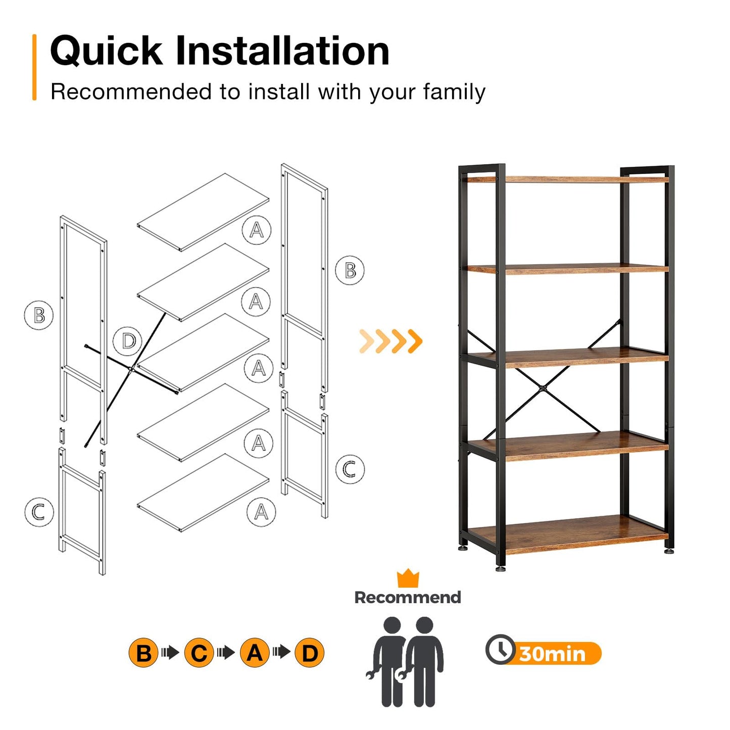 Coleshome 5-Tier Book Shelf Display Rustic Brown Industrial Bookcase