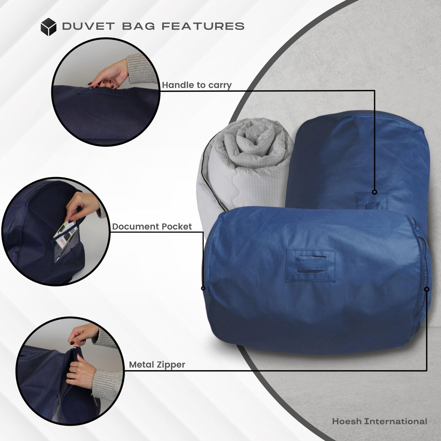 Hoesh UK Navy Double Duvet Storage Bag - Breathable Cotton Under Bed Blanket, Comforter & Quilt Holder Organizer