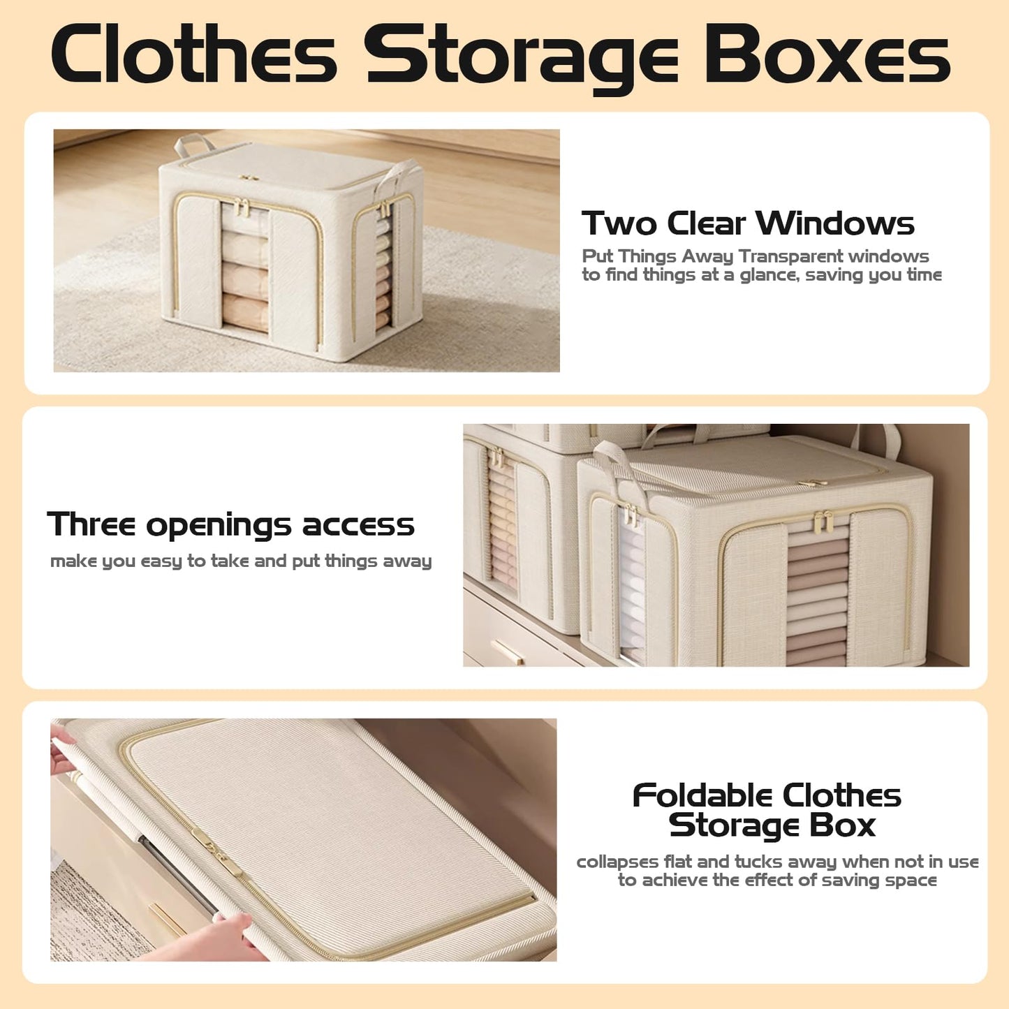 Clothes Storage Boxes with Lid,Upgraded 5.0mm Steel Frame Waterproof Fabric,3-Way Double Zipper Openings & 2 Clear Windows,Better Foldable Storage