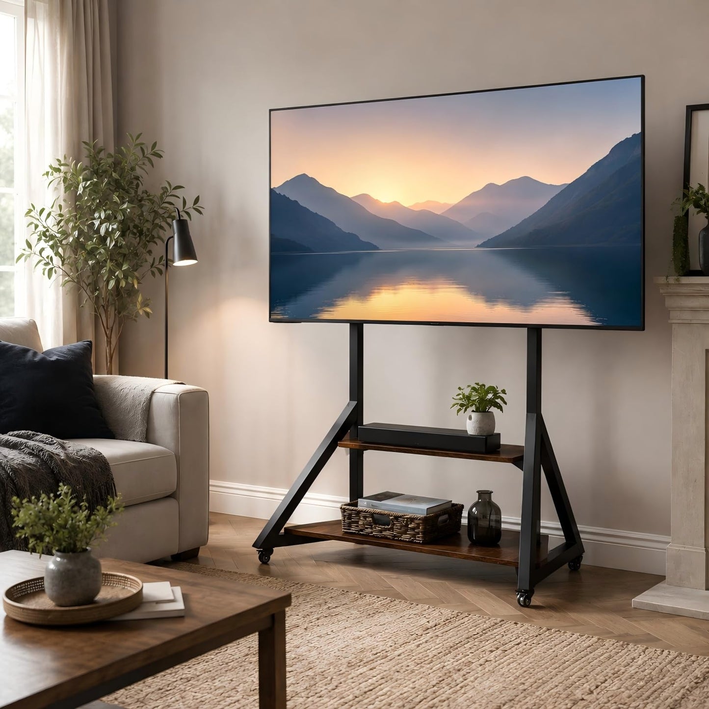unho Floor TV Stand with Shelves, No Drill Mount for 40-75 Inch TVs