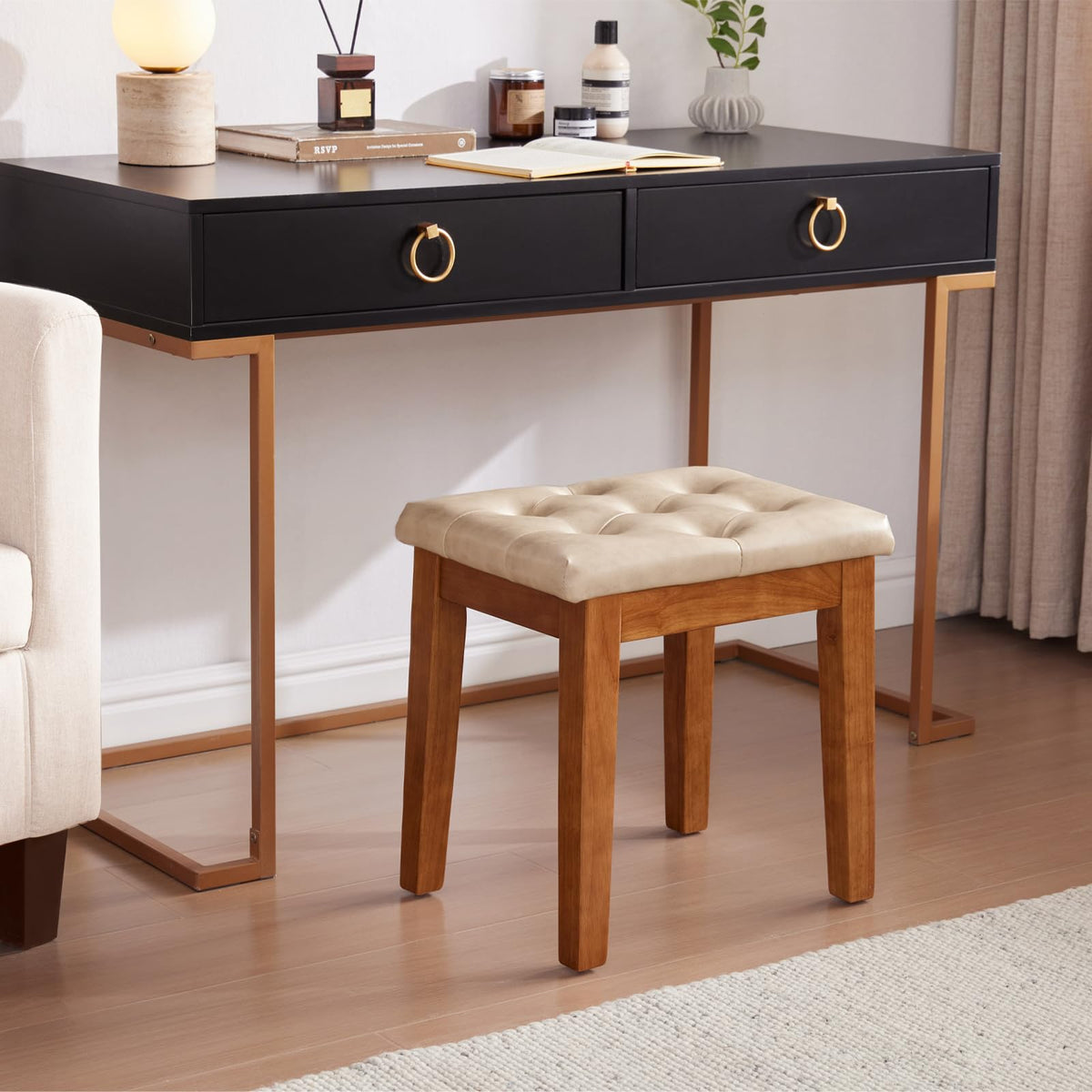 MILCIL Ottoman Vanity Wooden Stool with Padded Seat, Faux Leather Ivory