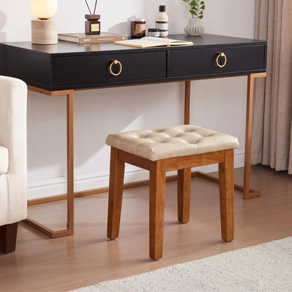 MILCIL Ottoman Vanity Wooden Stool with Padded Seat, Faux Leather Ivory