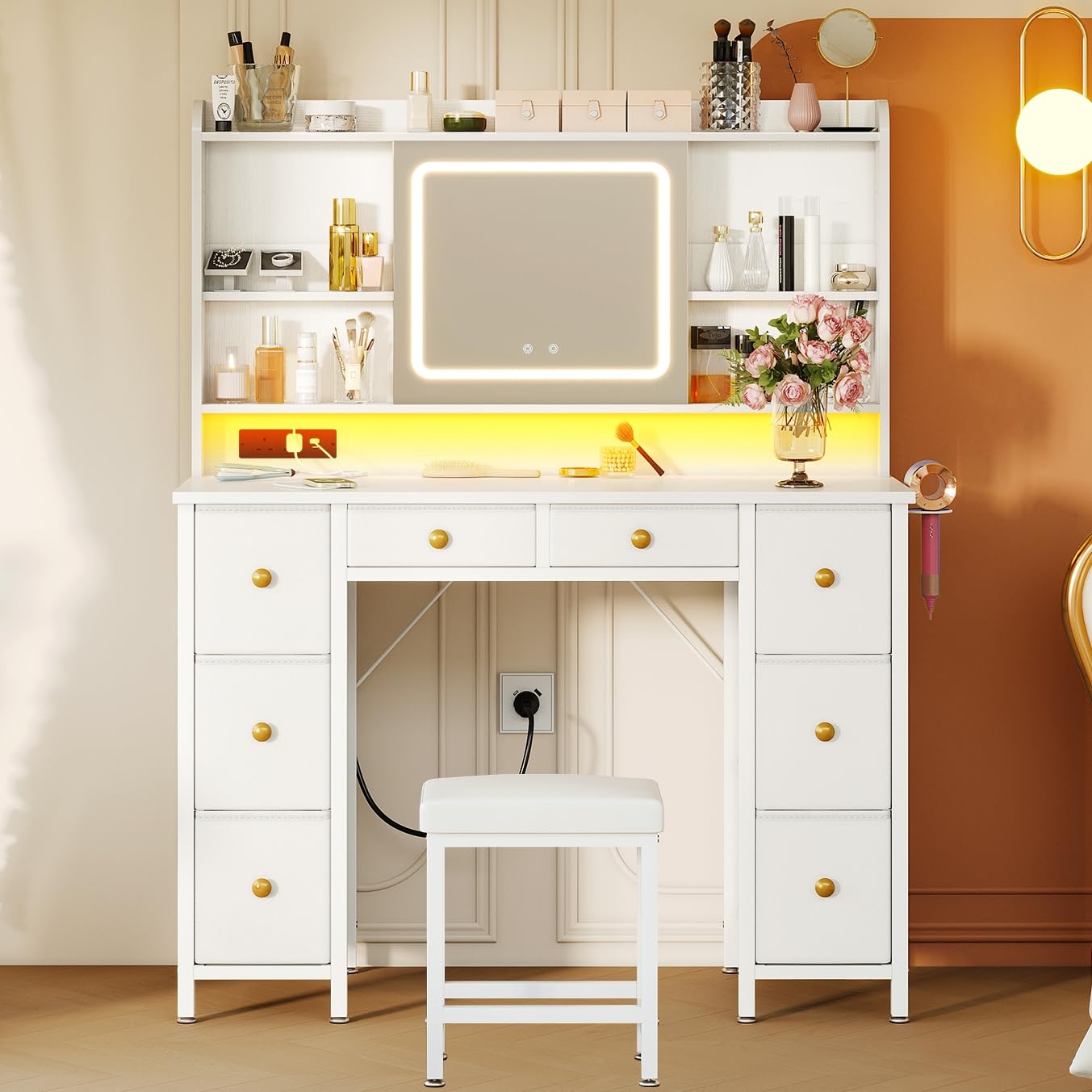ODK Vanity Desk with Movable LED Mirror and 8 Drawers, Dressing Table with Built-in USB Power Outlets & RGB Light Strip, Vanity Table with 4-Layer