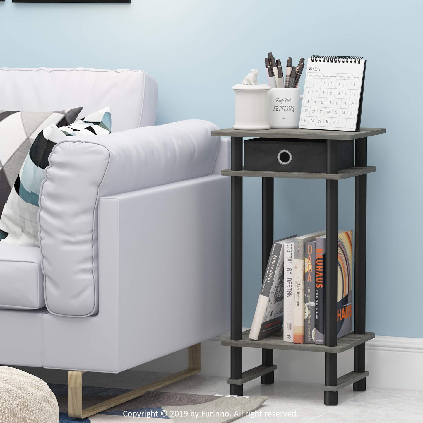 Furinno Turn-N-Tube Tall End Table, Side Table with Bin, French Oak Grey/Black