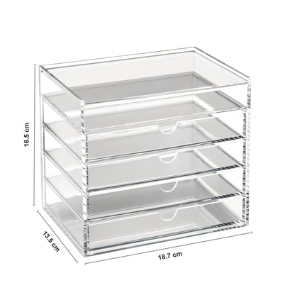 OSCO Clear Acrylic 5 Drawer Chest with Flip-Up Lid, Compact Storage Box for Makeup, Jewellery and Office Supplies, High-Grade Construction