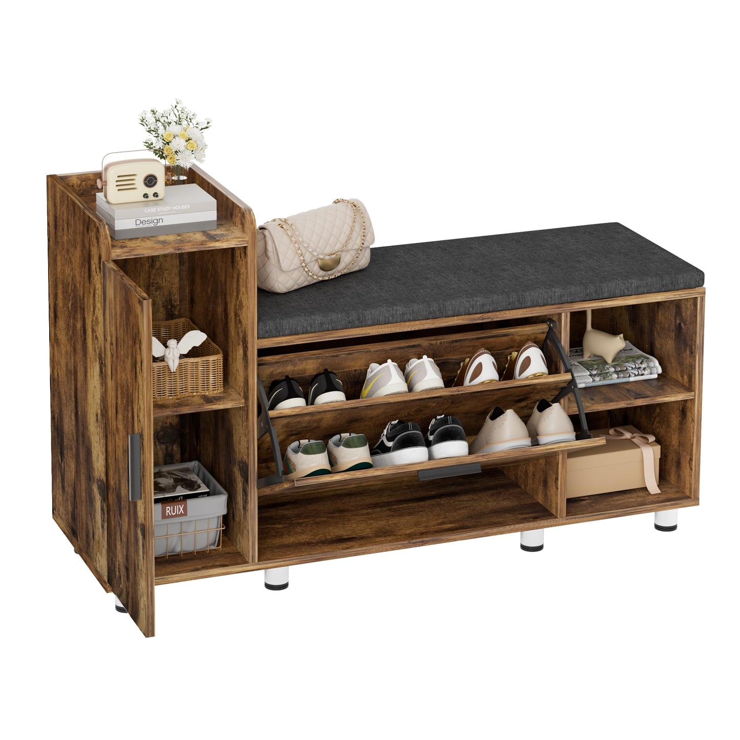 BonVache Shoe Storage Bench with Cushion, Brown Shoe Bench 105cm Lounge with 2 Shelves and 4 Compartments, Hallway Storage Unit with Seat, Living Room