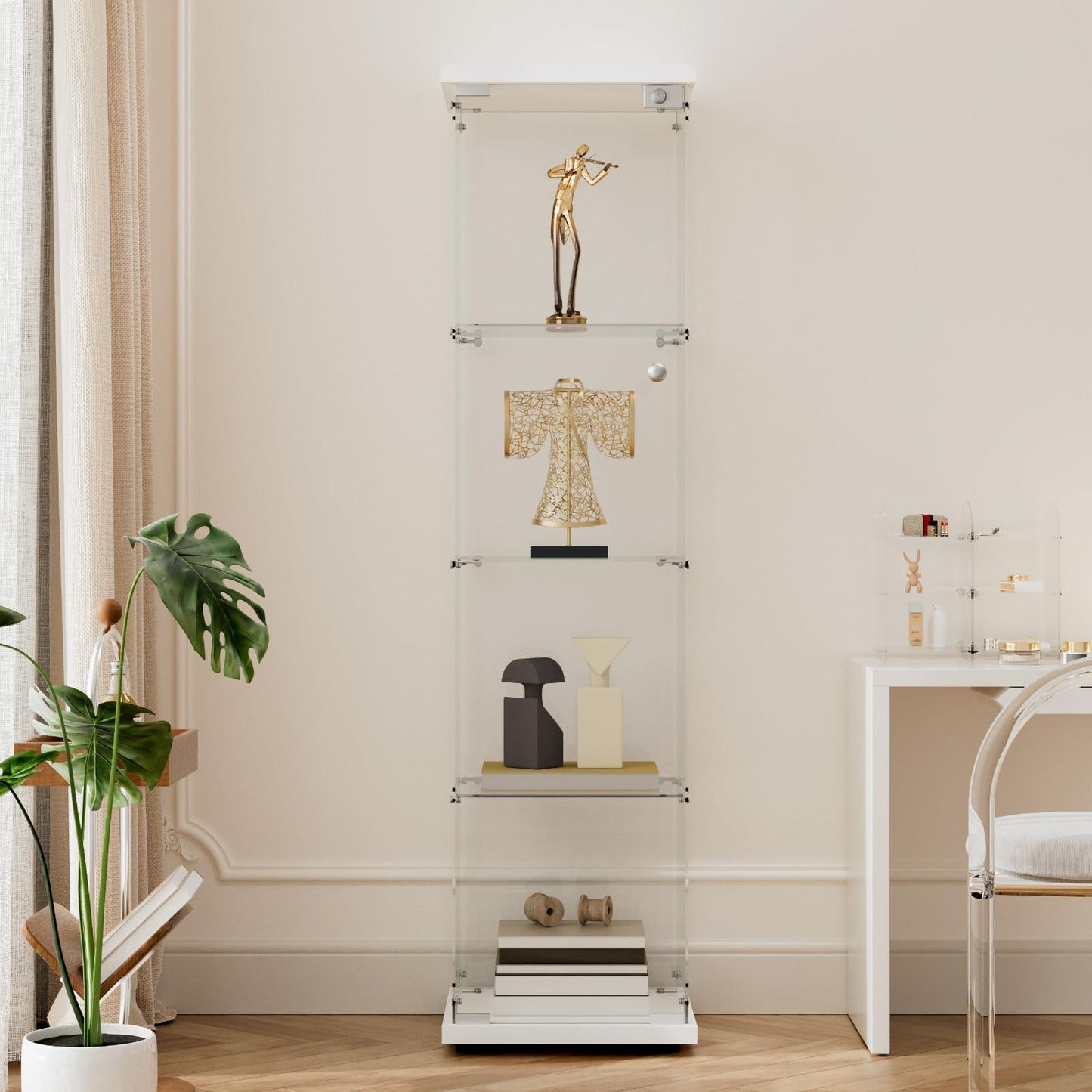 Beauty4U 4-Shelf Single Door Glass Display Cabinet, 163cm Tall, White