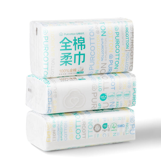 Purcotton Disposable Face Towel, 100% Cotton Dry Wipes, Biodegradable and Unscented Cotton Tissue, 300 Ct Face Cloths for Makeup Removing, Skin Care,
