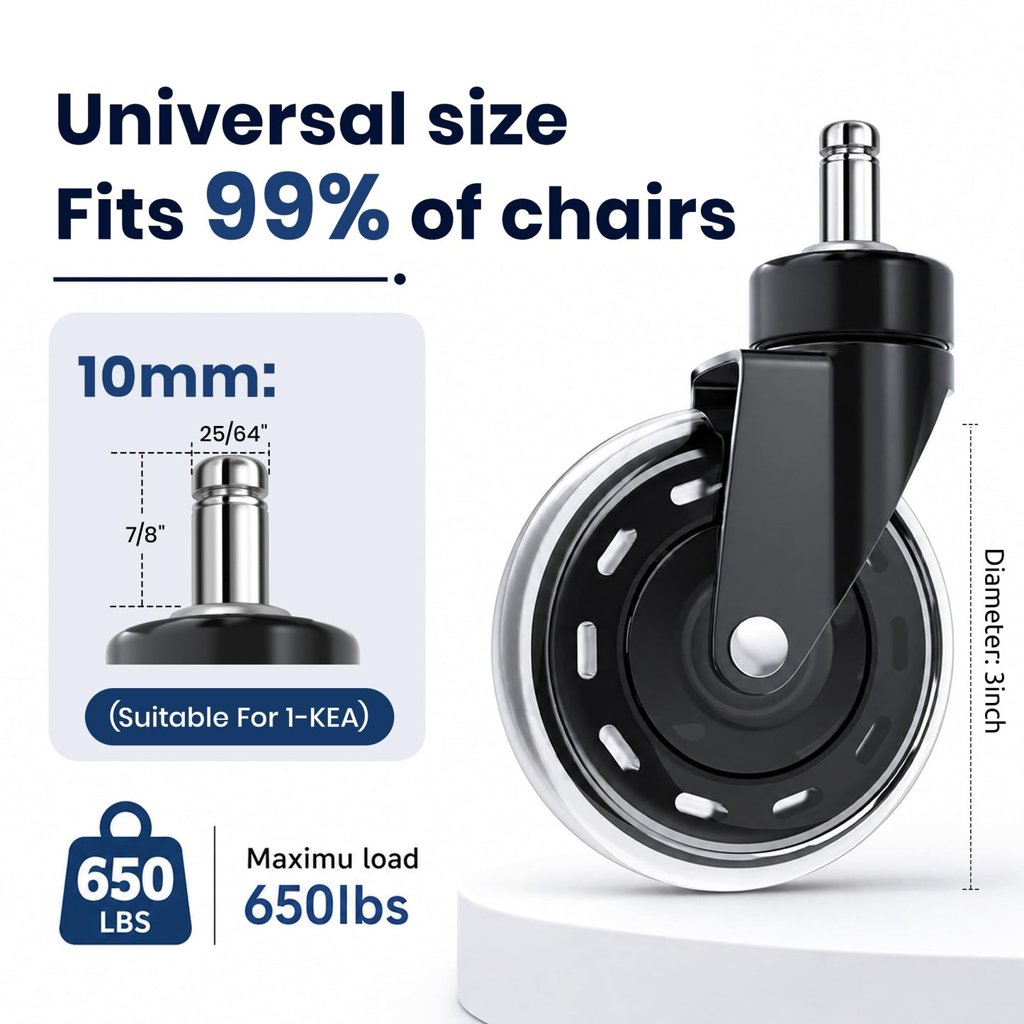 COSYLAND 1-KEA Office Chair Caster Wheels 10 x 22 mm, Rubber Castors, Very Quiet for Hard Floors, Pack of 5