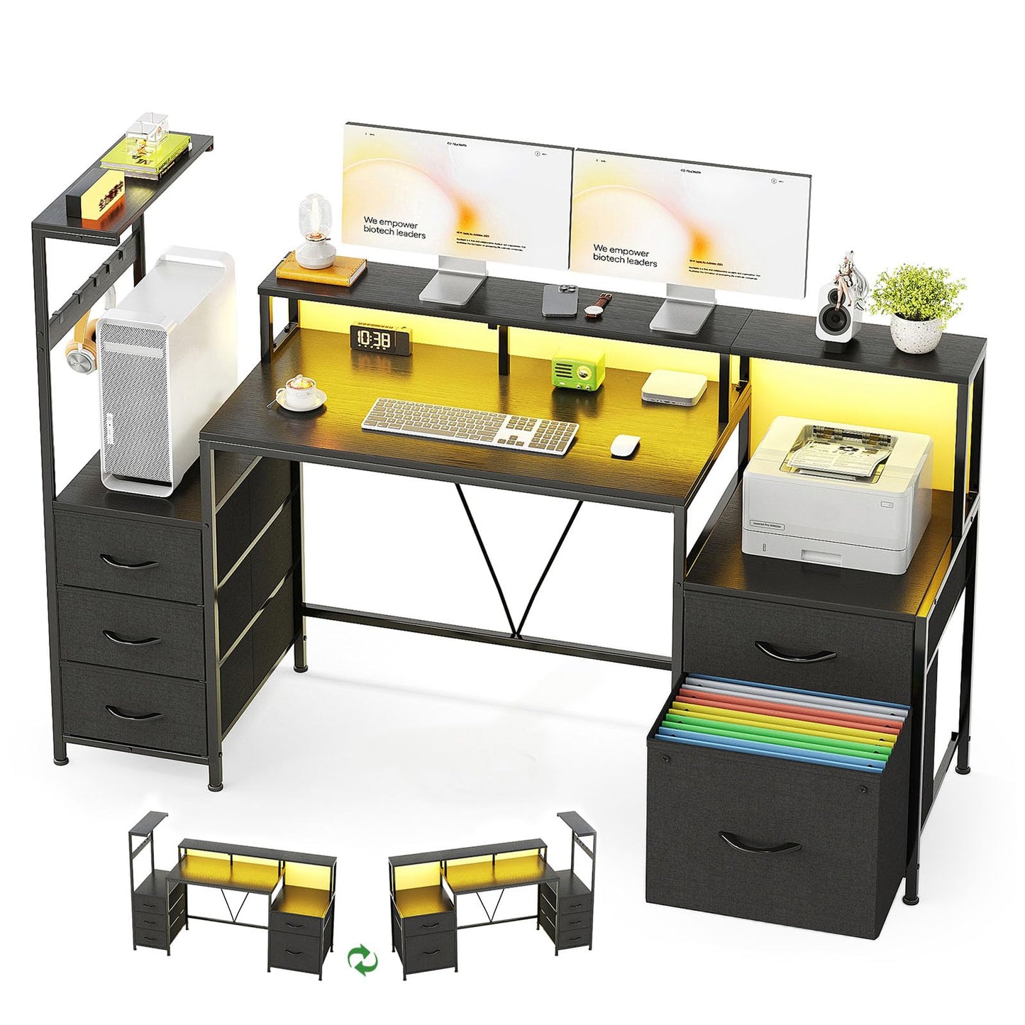 MUTUN 160cm Computer Desk with Printer Stand and Storage Shelves, Reversible Home Office Desk with Fabric Drawers and Monitor Shelf