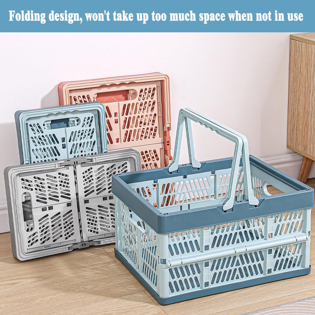 Taodyans Collapsible Storage Crate with Handles, Milk Crates, Foldable Plastic Shopping Basket, Organizer Container for Car Home Pinic