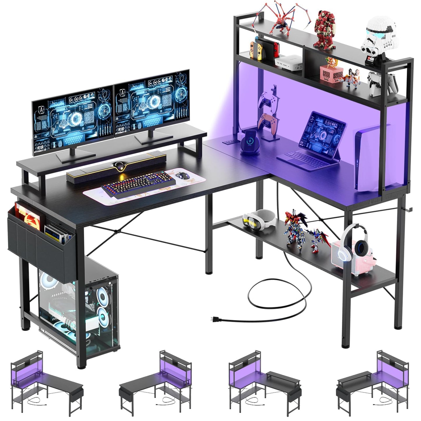iSunirm L Shaped Gaming Desk with Power Outlets & LED Lights, Small L- Shaped Computer Corner Desk with Monitor Stand & Storage Shelf