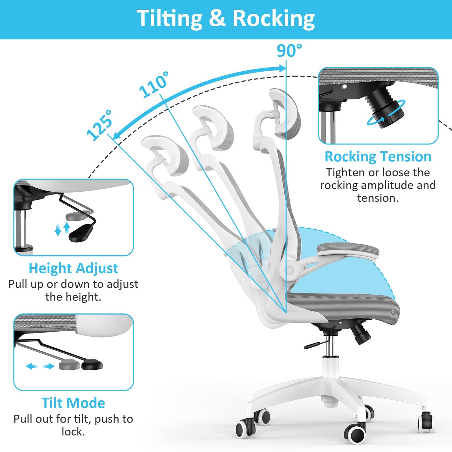 Feonase Ergonomic Office Chair with Adjustable Headrest and Lumbar Support, Mesh Back, Flip-up Armrests and Rocking Function