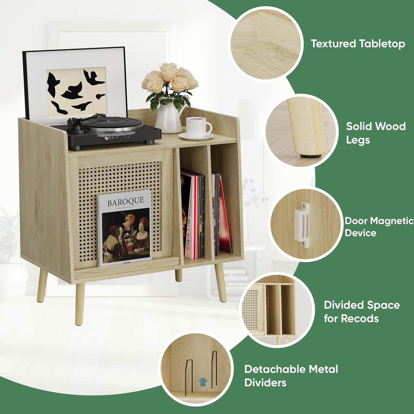 Kiasthome Record Player Stand, Vinyl Record Storage Cabinet Up to 150 Albums, Mid-Century Modern Turntable Side Table with Rattan Door & Solid Wood