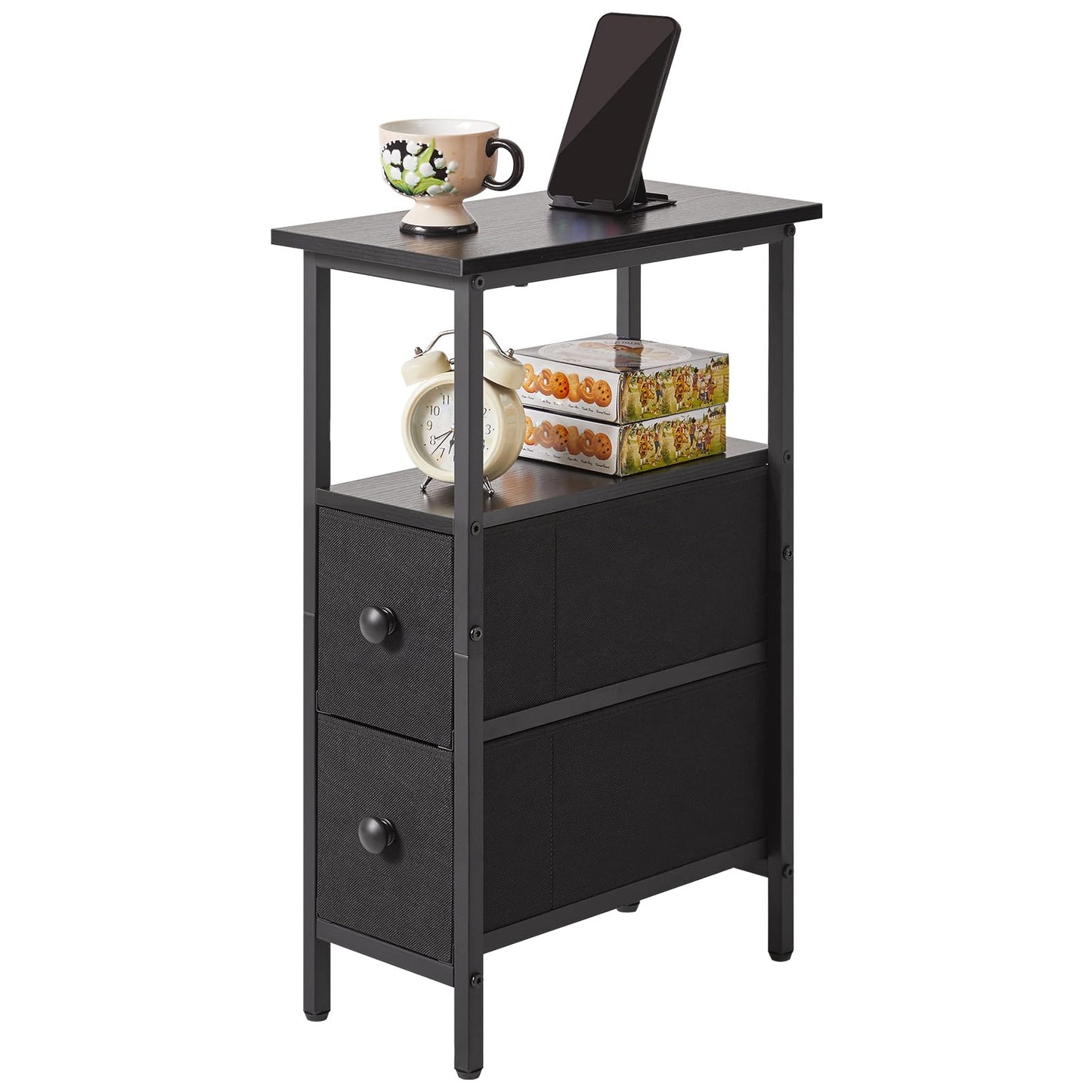 YMYNY Narrow Side Table, Slim Bedside Table with 2 Fabric Drawers, Nightstand for Small Spaces