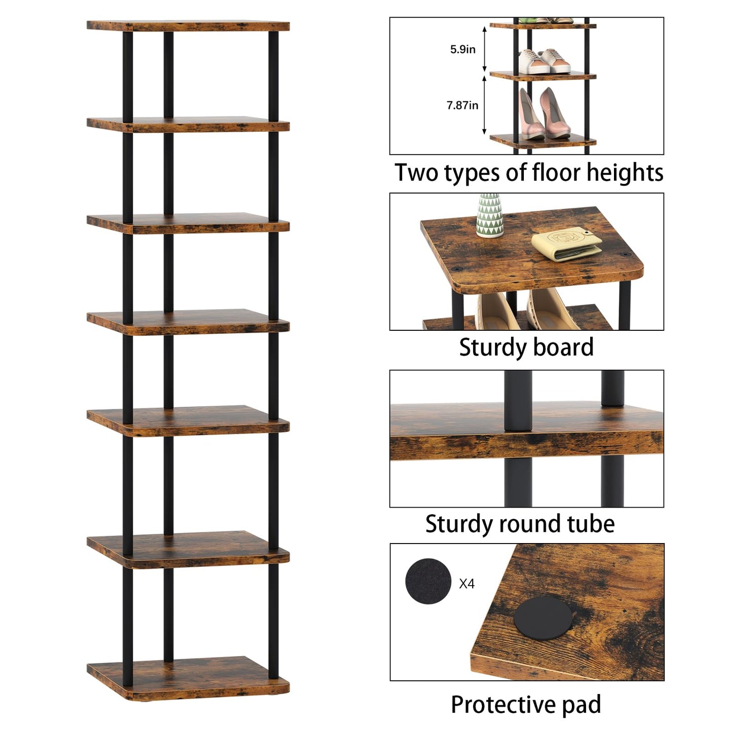 Huhote Shoe Rack Organizer, Shoe Stand, 7 Tier Narrow ShoeShelf, Metal ShoeTower, ShoeRack for Closet, Hallway, Entryway, Front Door, Small Spaces