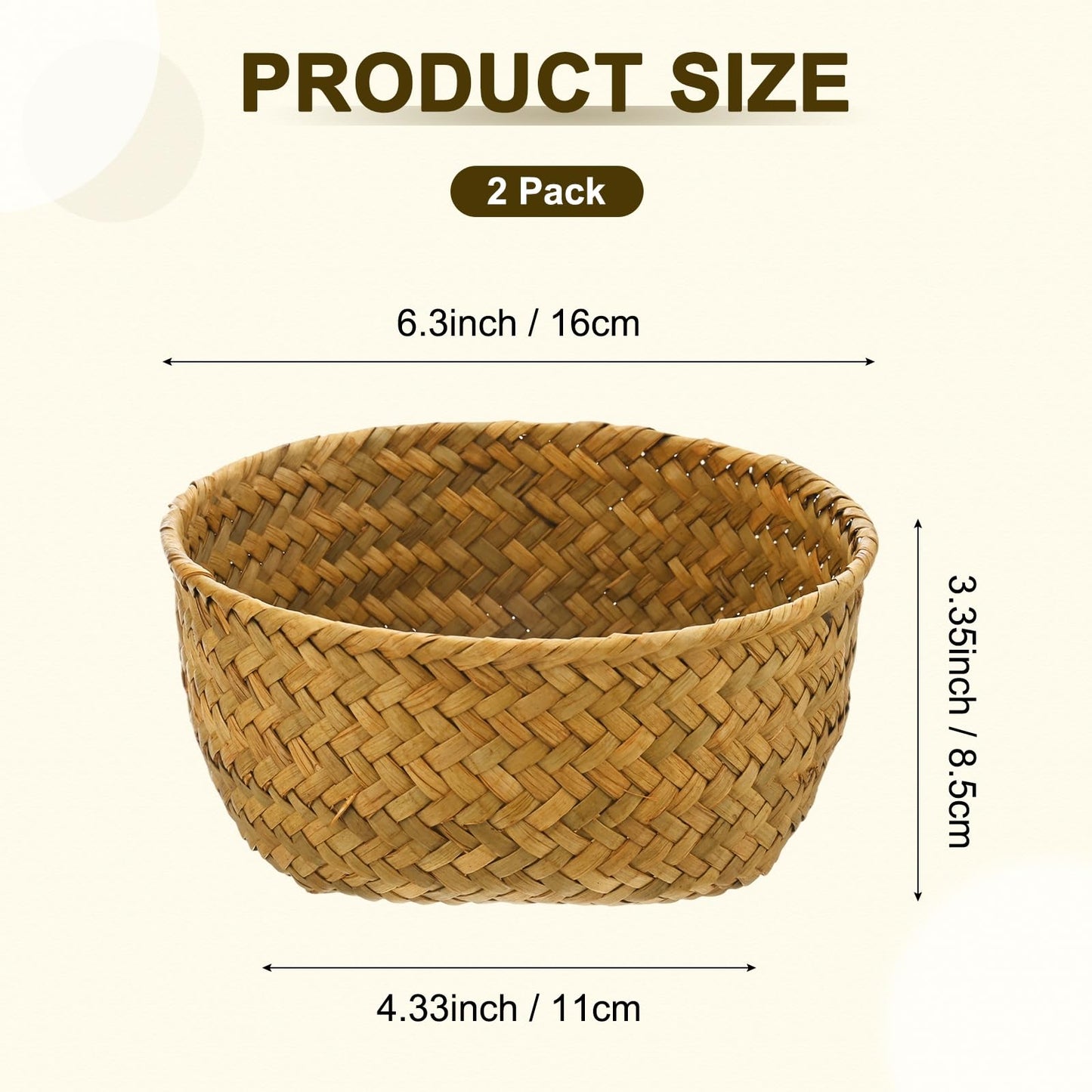 M METERXITY 2-Pack Natural Seagrass Woven Storage Basket, 16cm x 8.5cm Small Round Storage Seaweed Woven Sundries Baskets for