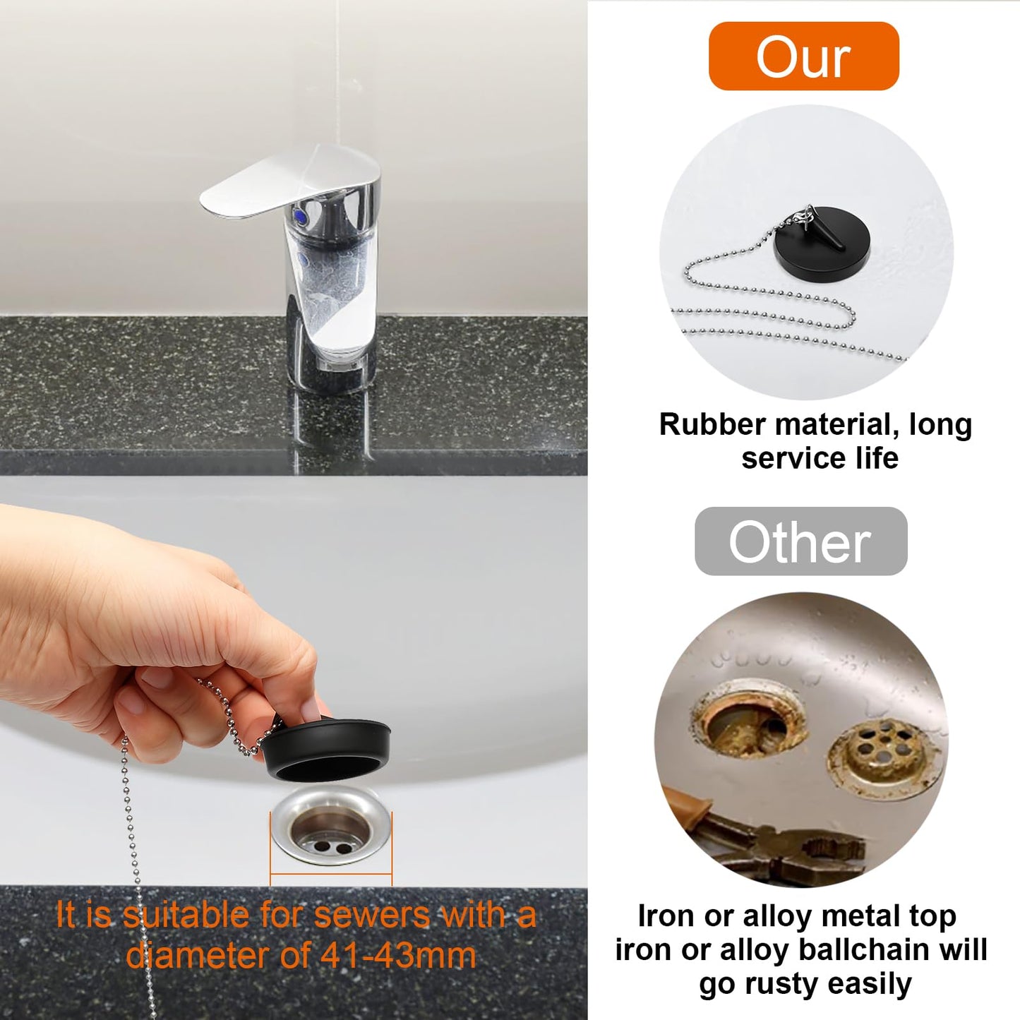 4 Pcs Universal Bath Plug, Kitchen Sink Plug with Stainless Steel Chain, Universal Bath Plug with Stainless Steel Chain and S-Shaped Hook,Drain