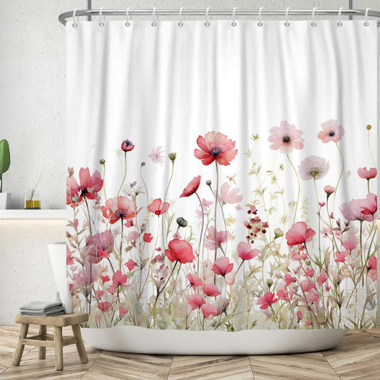 ASDCXZ Flower Shower Curtain 180x200 cm, Spring Hand Painted Red Rose Flowers Green Leaves White Bath Washable Shower Curtains Polyester Textile