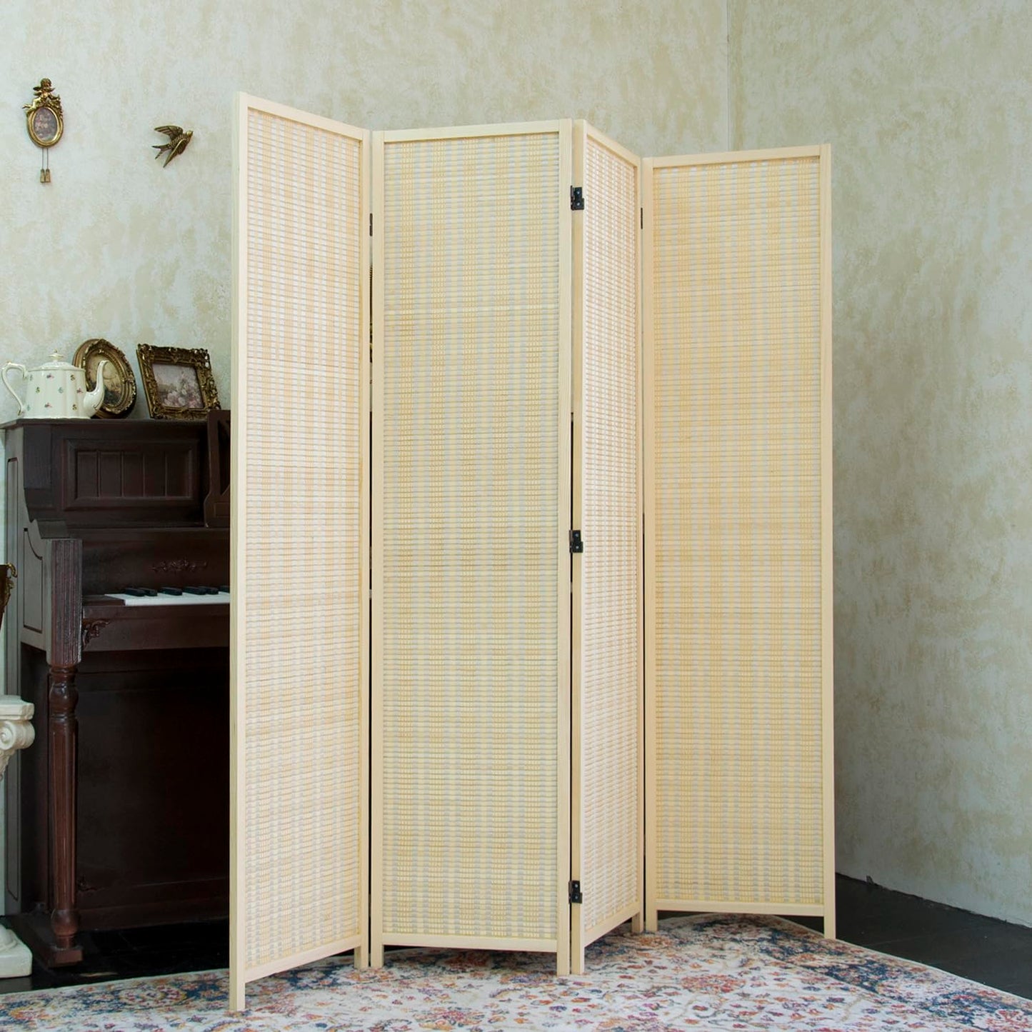 Furnnylane 4 Panel Bamboo Room Divider and Folding Panel Screen,Bamboo Panel Divider for Room Separation,Beige,170 cm H x 156 cm W