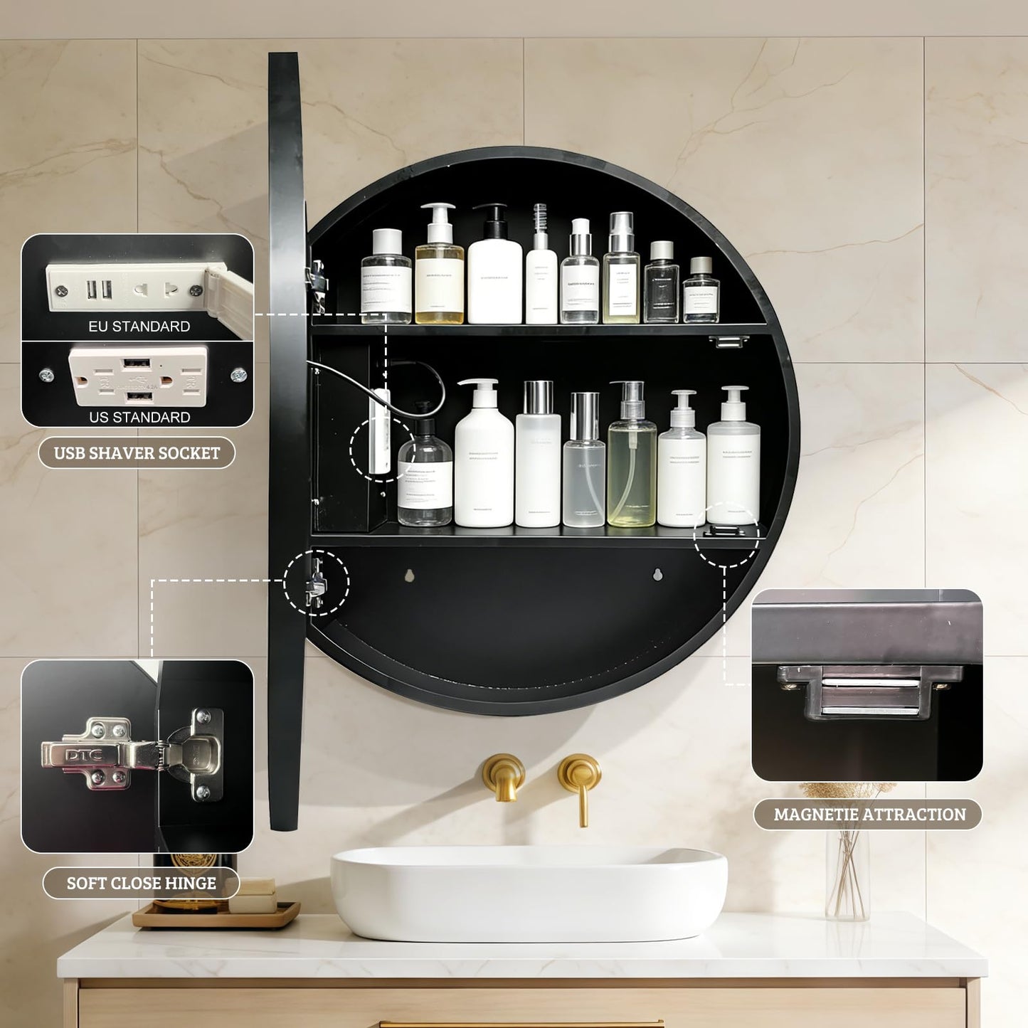 KAASUNES Round Mirror Cabinet with Light,Aluminum Framed,3 Colors Temperature&Dimmer,USB Shaver Socket,Defogger,71cm,black