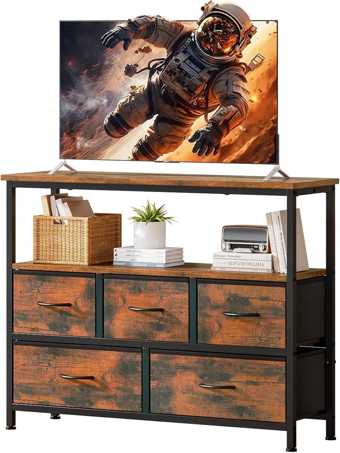 Taotigzu TV Stand with 5 Fabric Drawers,TV Cabinet for TVs up to 65”(Brown)