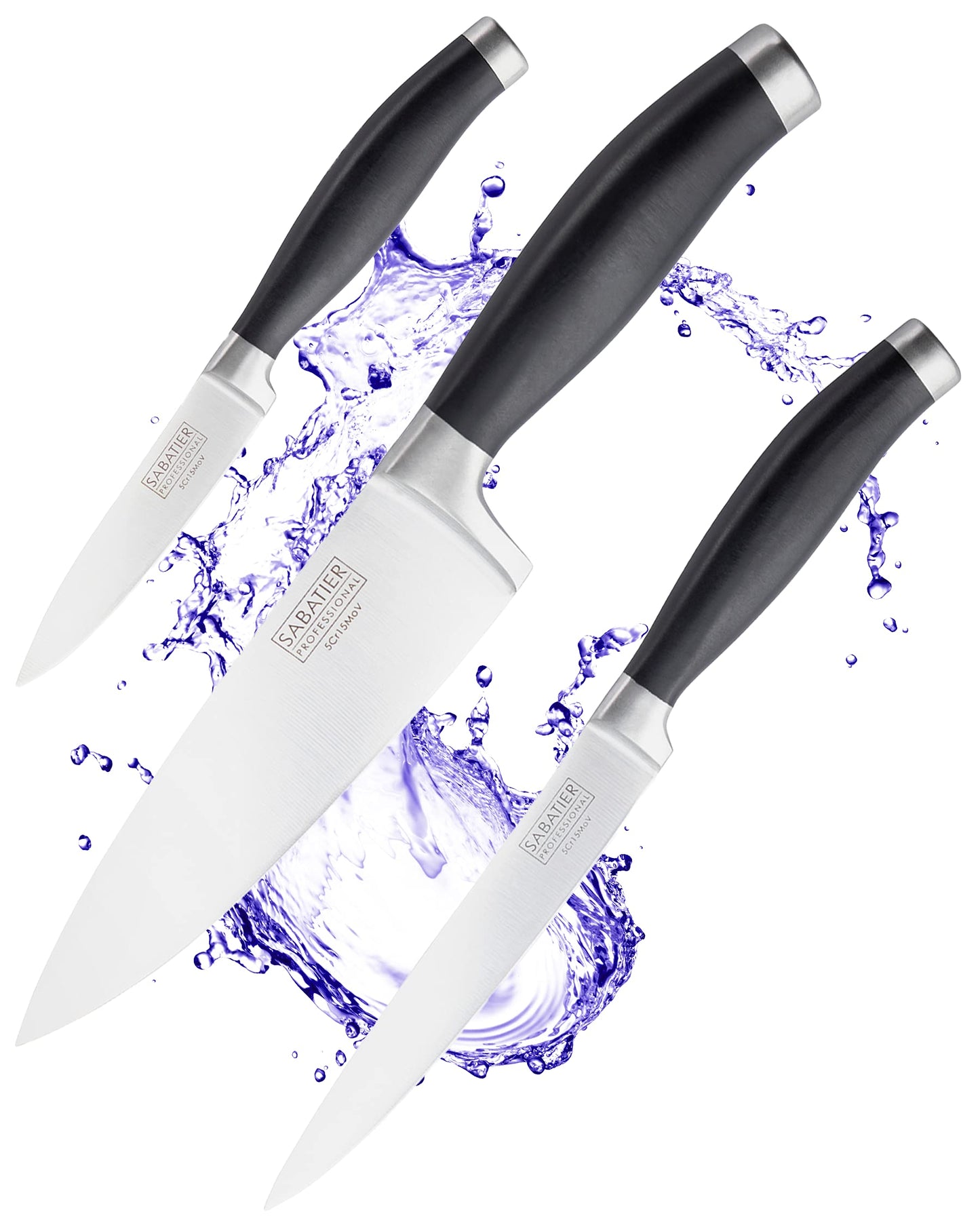 Sabatier 3-Piece Kitchen Knife Set ? Chef, All-Purpose, and Paring Knives with Stainless Steel Blades and Matt Black Handles