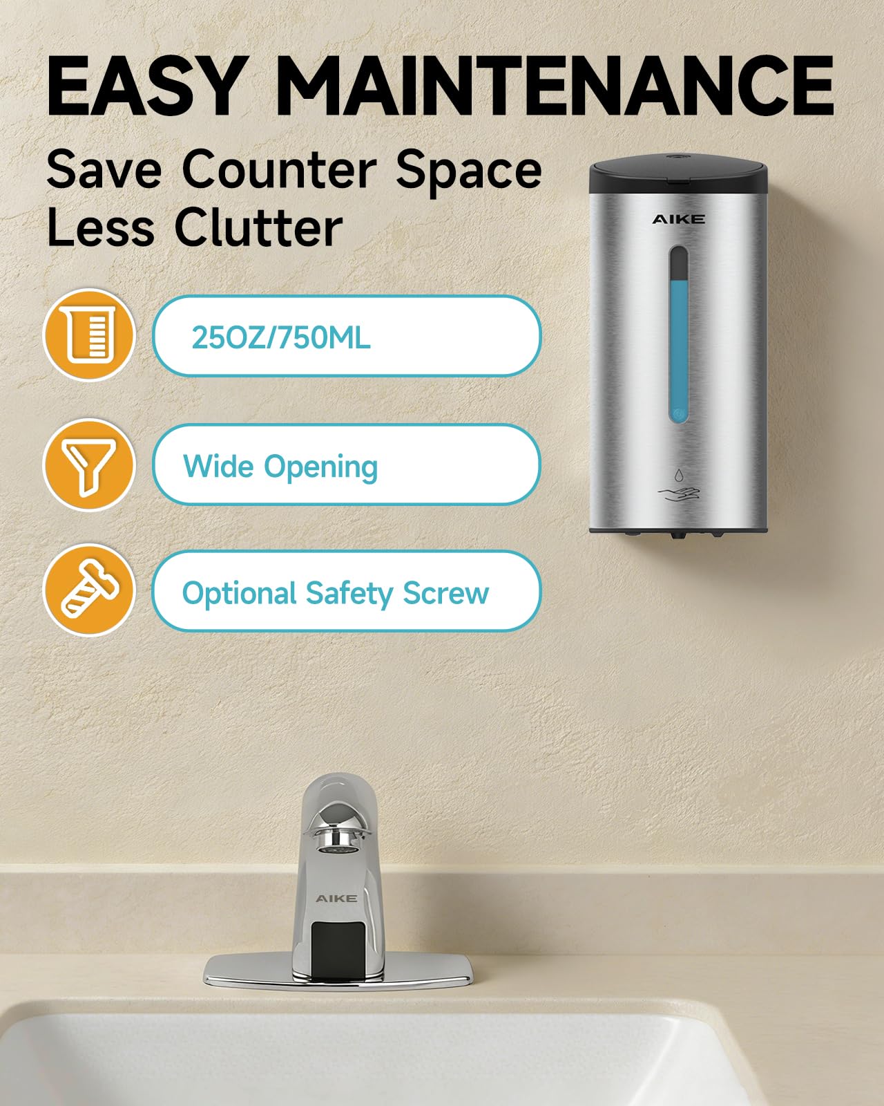 AIKE Classic Automatic Soap Dispenser Wall Mounted, Stainless Steel Finish