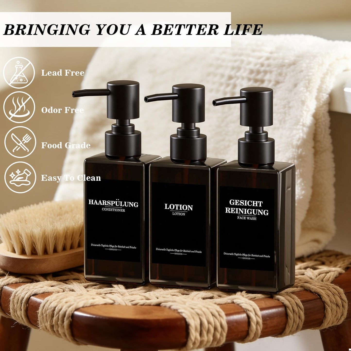 Set of 5 Reusable Shampoo Dispenser Bottles for Filling, 3 x 300 ml + 2 x 500 ml Brown Refill Bottles with Pump Dispenser