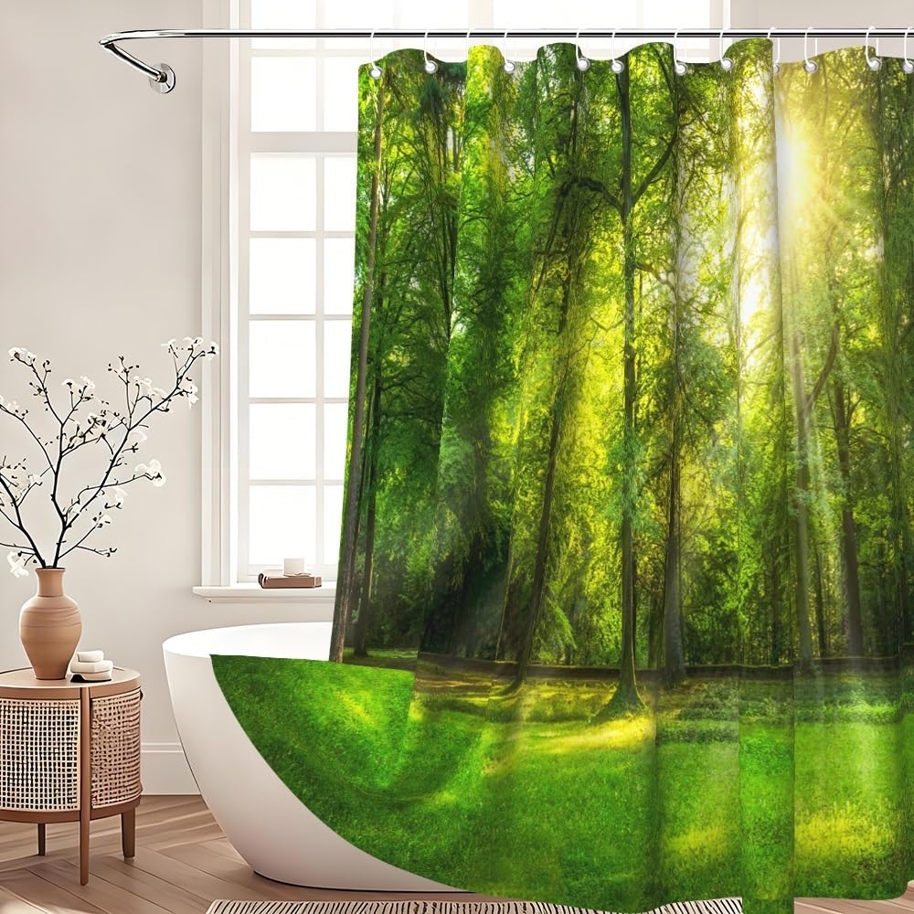 Xiaoterna Tropical Jungle Shower Curtain Green Forest Nature Landscape Sunshine Bathroom Curtain Spring Jungle Rainforest Mould Proof Washable Shower