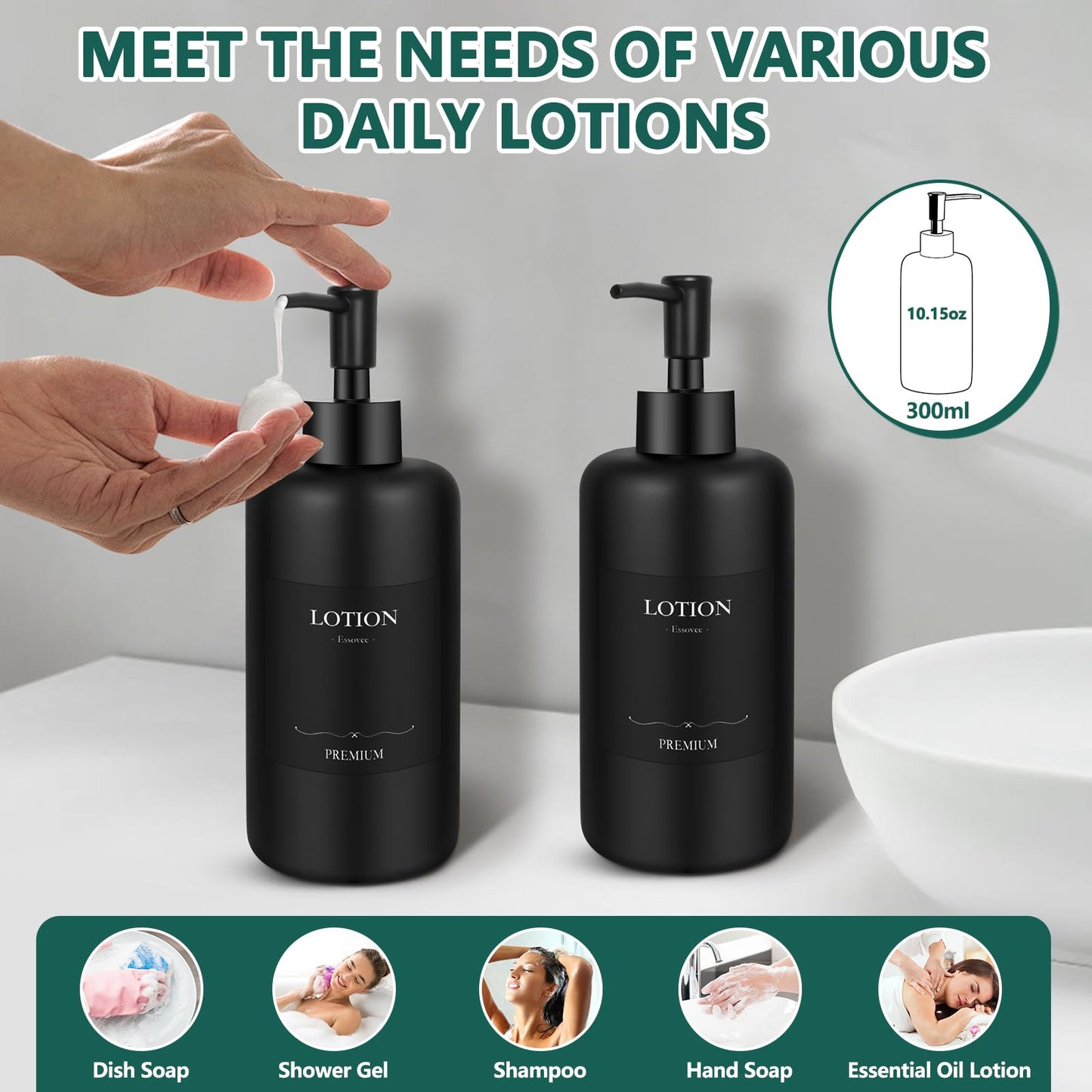 Essovee Matte Black Soap Dispenser Set with Waterproof Labels, Bathroom Soap Dispenser, Dishwashing Liquid Dispenser