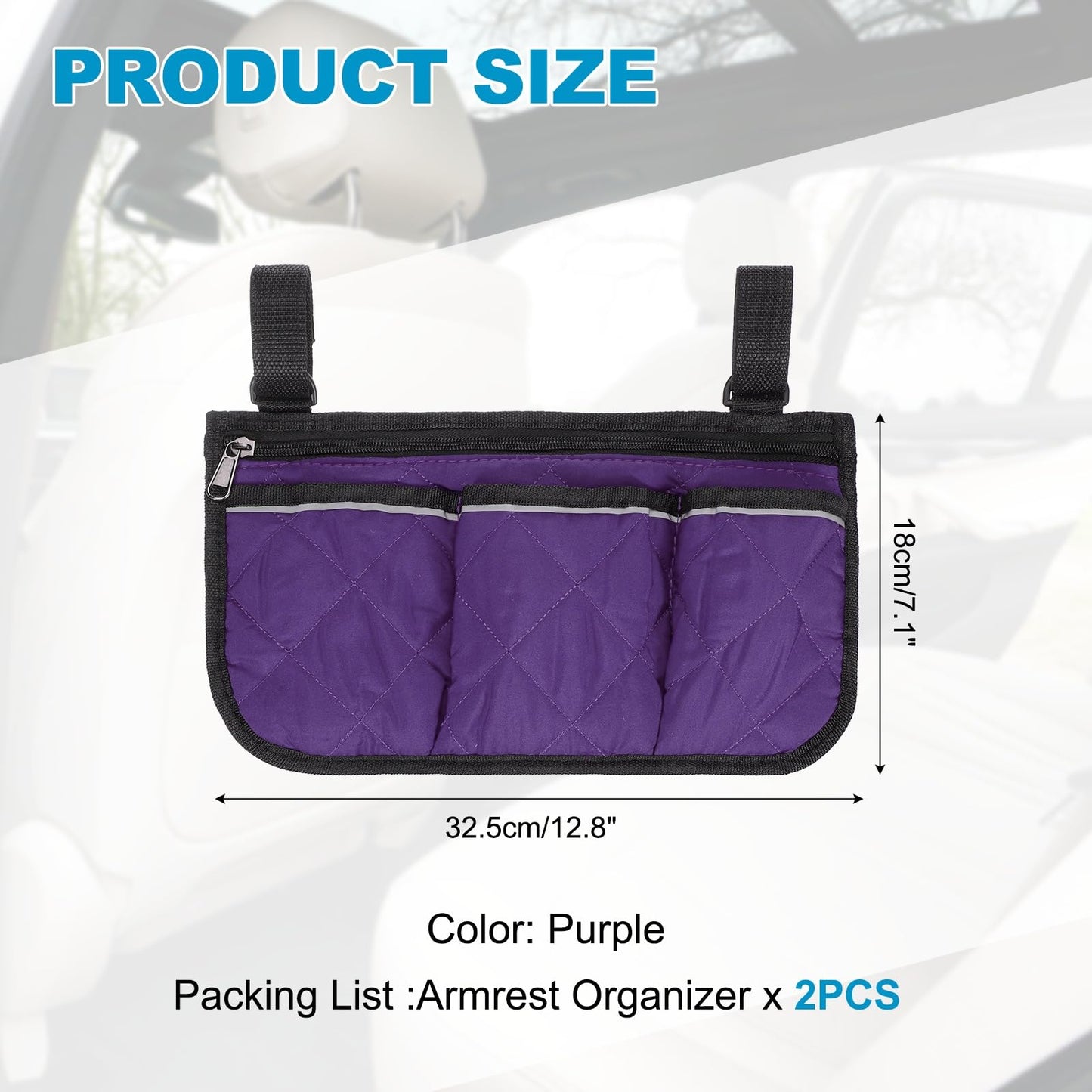 YELARXI Beach Chair Armrest Bag, Beach Side Bag Hanging Storage Organizer with Reflective 4 Pockets Waterproof Pouch 13 x 7" & 2Pcs & Purple
