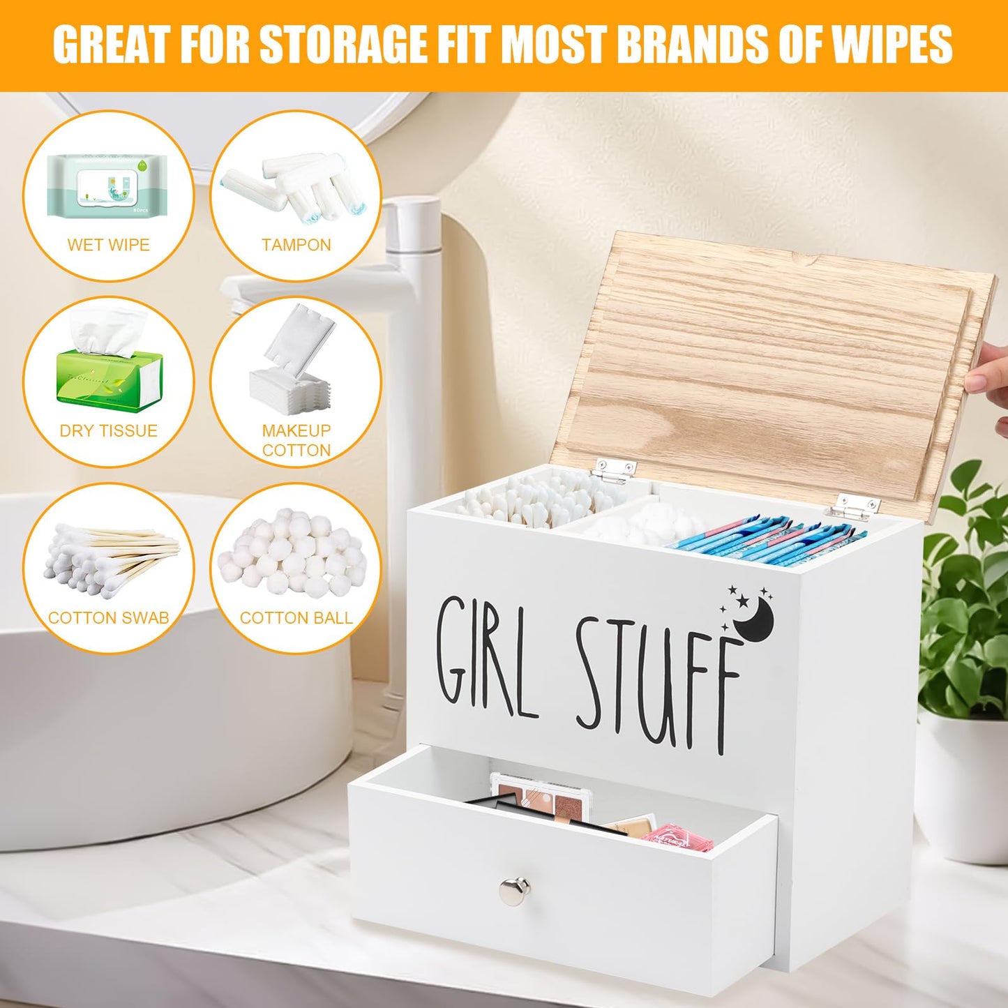 BigKing Sanitary Napkin Organizer with Drawer and Lid, Wooden Sanitary Napkin Box, 24 x 14.1 x 22.2 cm, Mobile Divider, Bathroom Sanitary Napkin Box