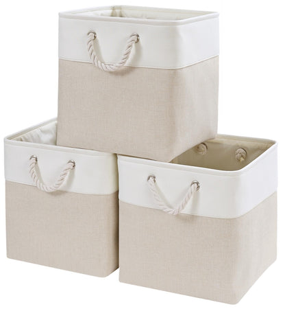 Mangata Fabric Storage Boxes, 25x25x25cm Cube Storage Boxes for Organizing Clothes Shelf Nursery Home ClosetLight Beige/White, Set of 3