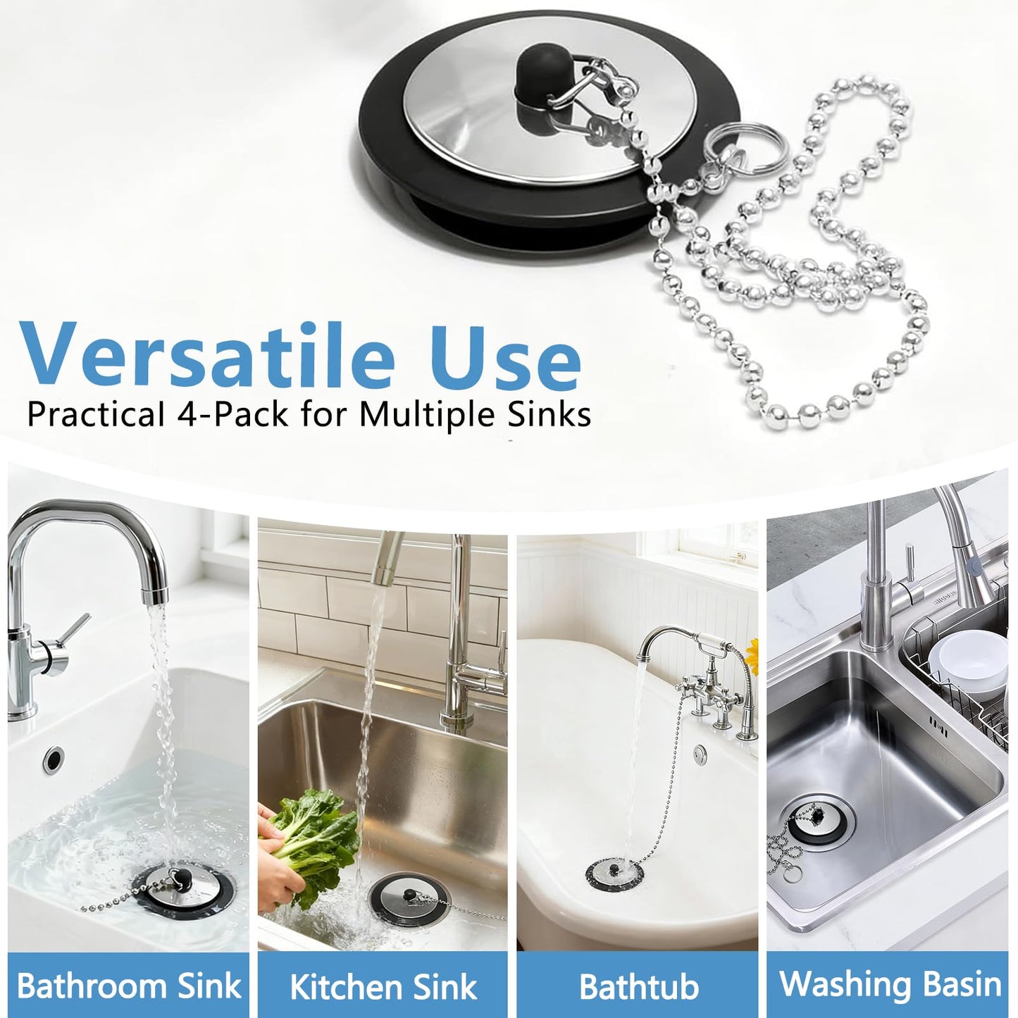 YINKIGI 4Pcs Universal Bath Plug Replacement and Upgraded Chain for UK Sink